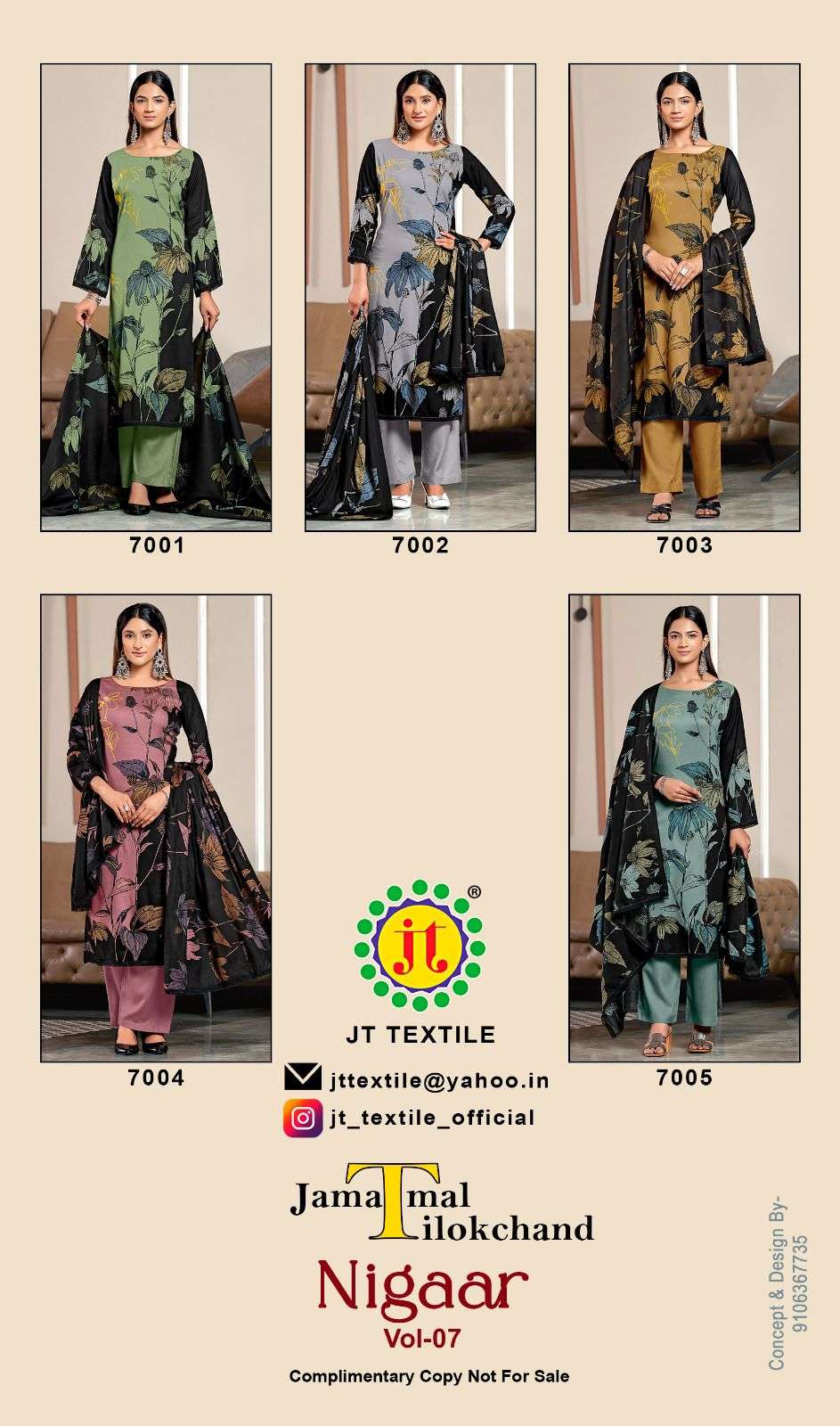 JT NIGAAR VOL 7 RAYON GOLD PRINT WITH FANCY LACE WORK SUIT