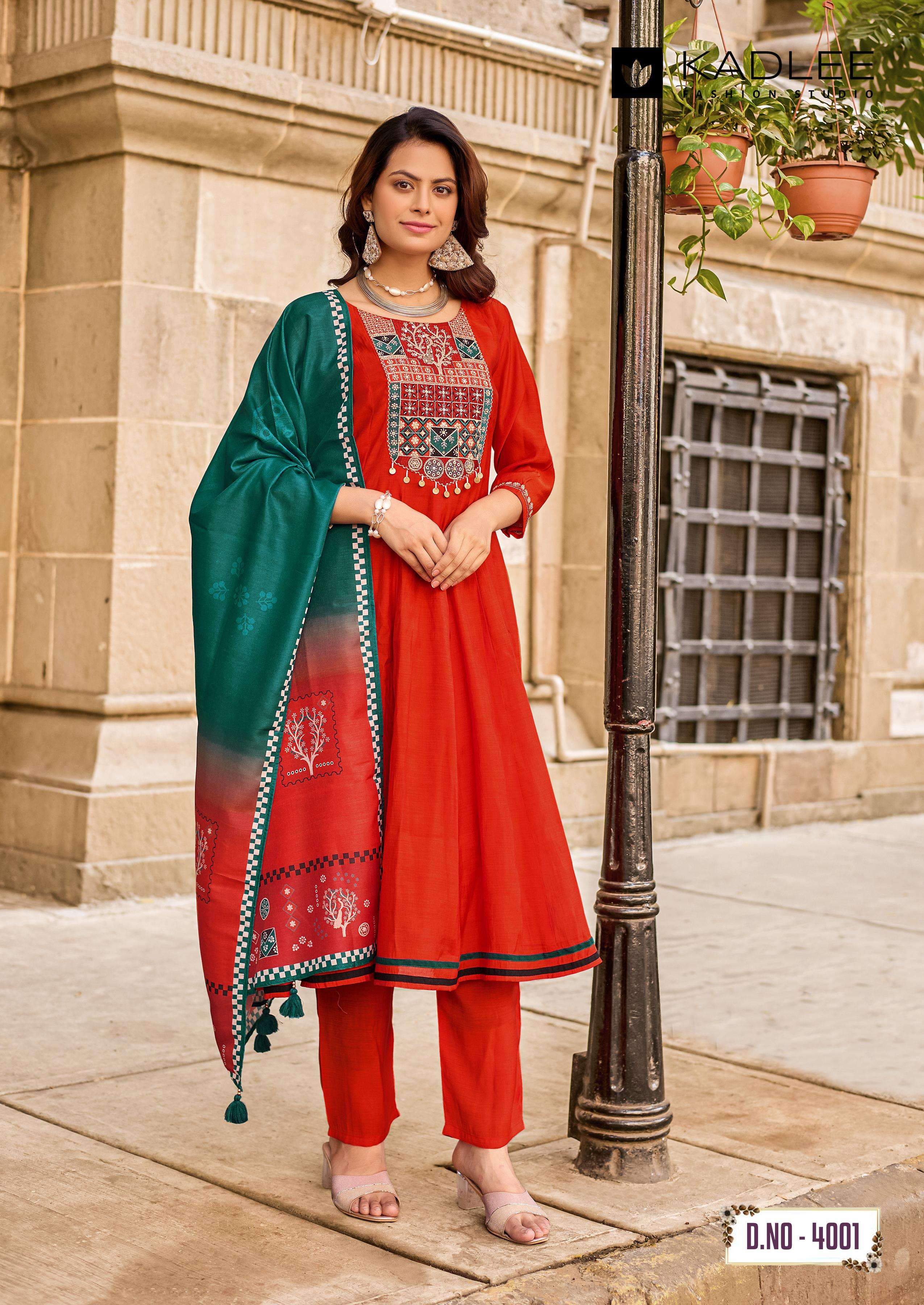 KADLEE ROOPAM CHANDERI SILK FANCY GHERA STYLE KURTI BOTTOM AND DUPATTA SET 