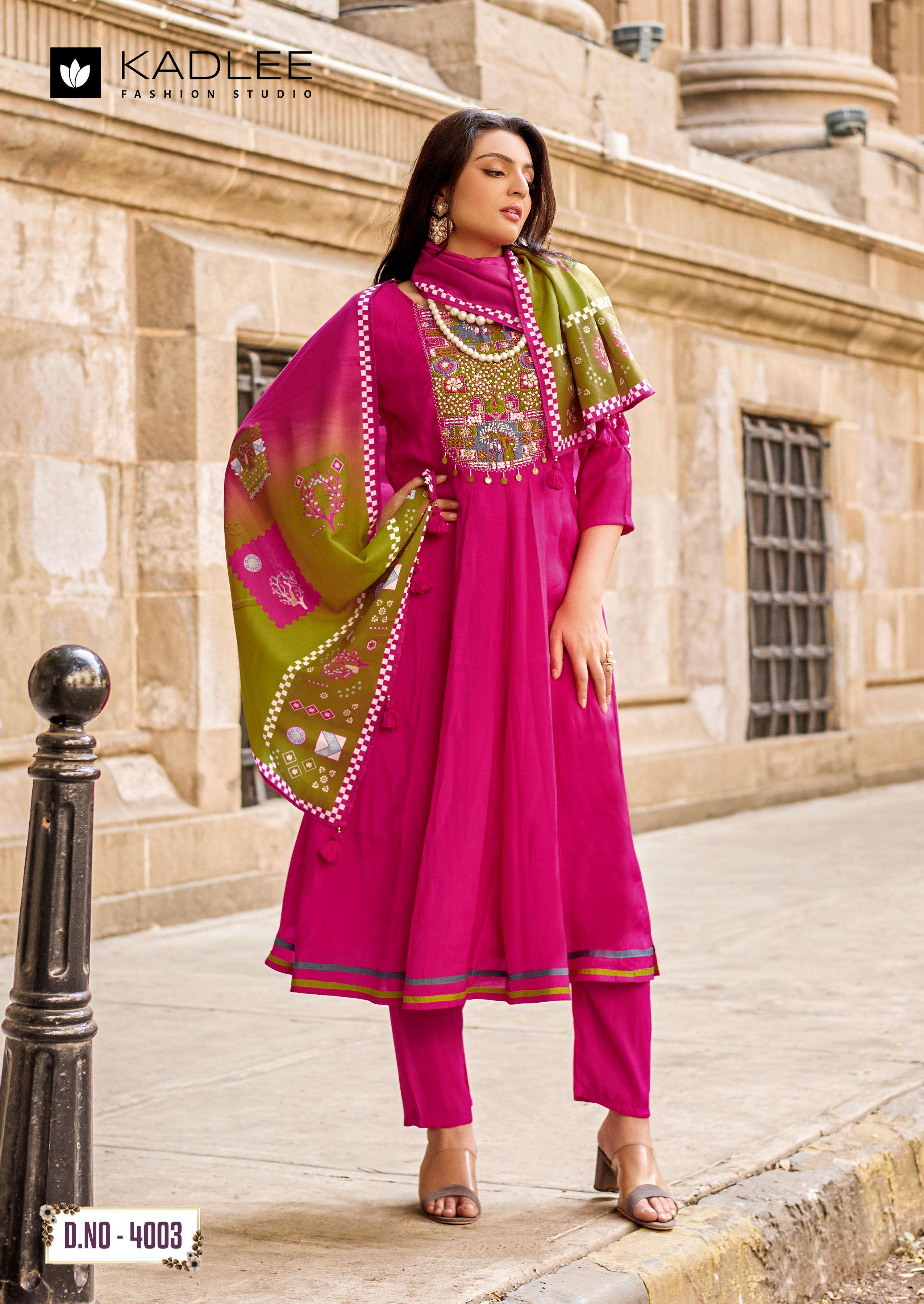 KADLEE ROOPAM CHANDERI SILK FANCY GHERA STYLE KURTI BOTTOM AND DUPATTA SET 