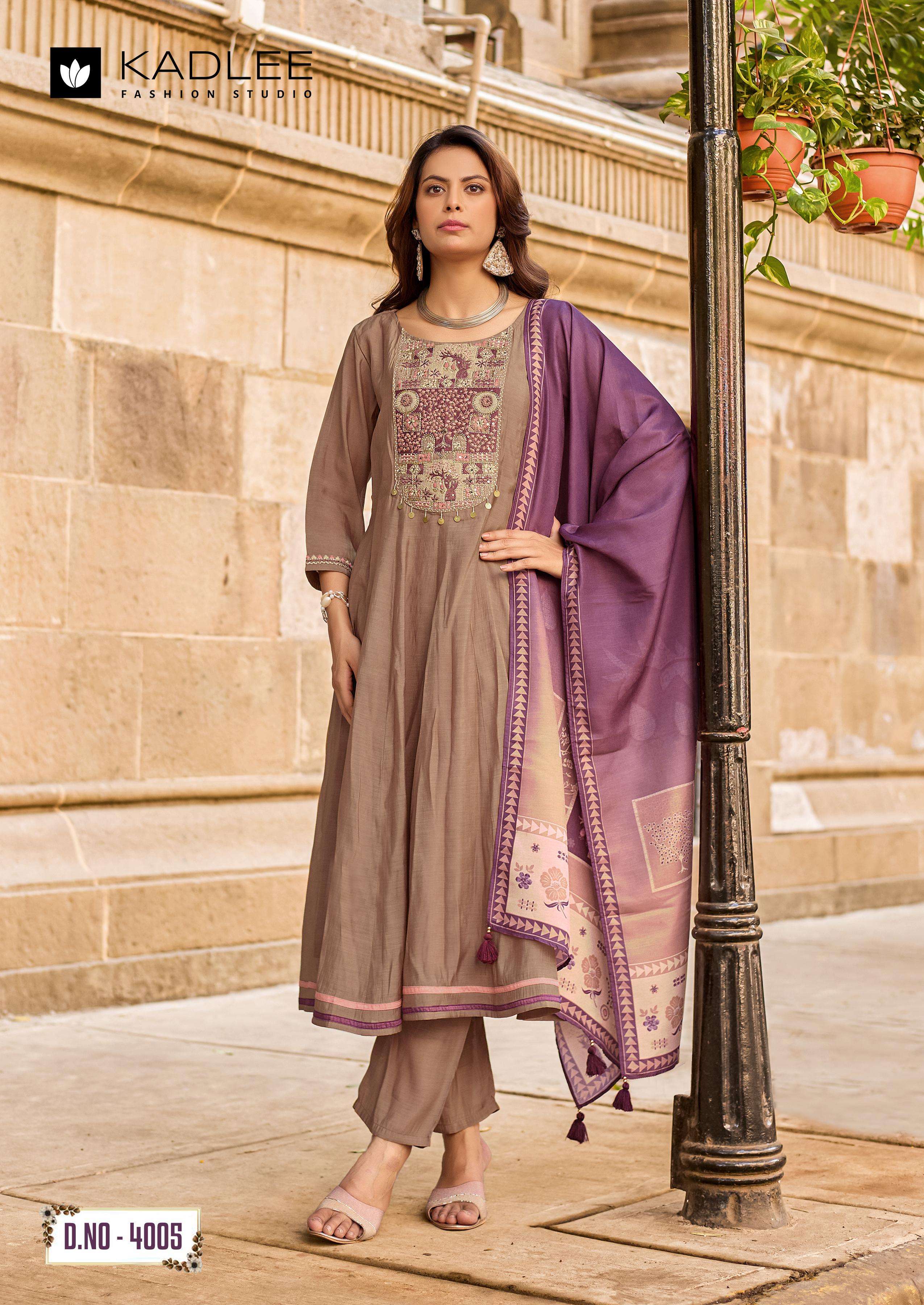 KADLEE ROOPAM CHANDERI SILK FANCY GHERA STYLE KURTI BOTTOM AND DUPATTA SET 