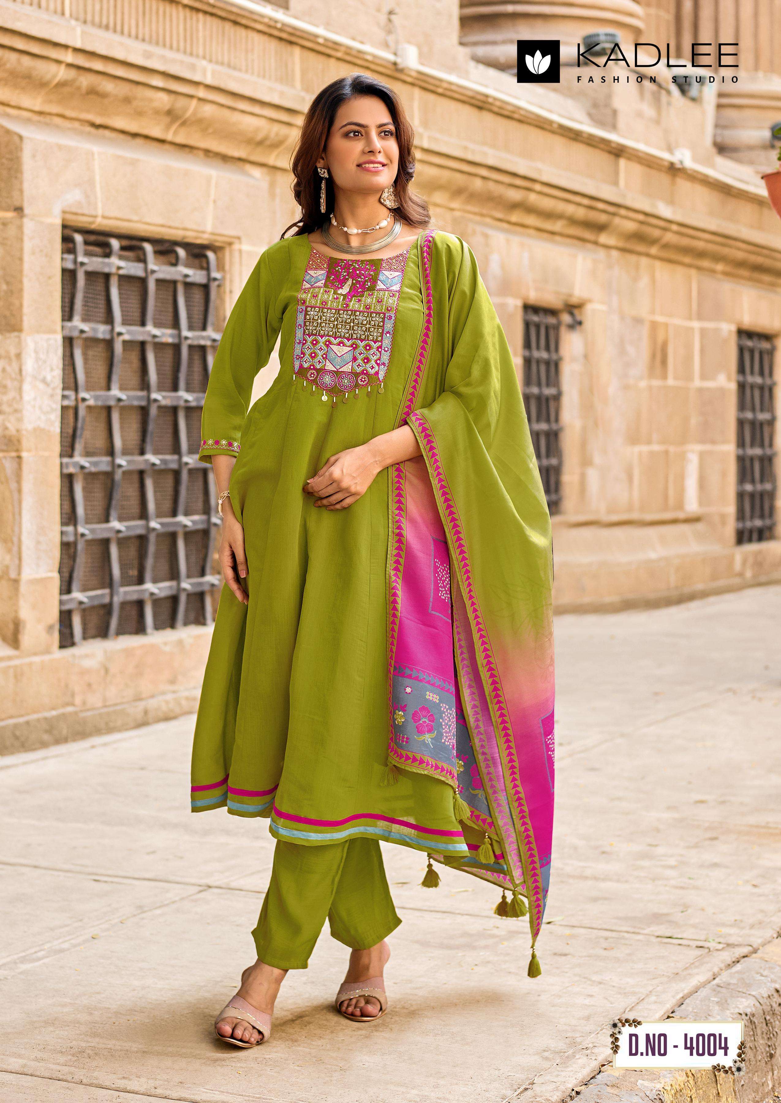 KADLEE ROOPAM CHANDERI SILK FANCY GHERA STYLE KURTI BOTTOM AND DUPATTA SET 