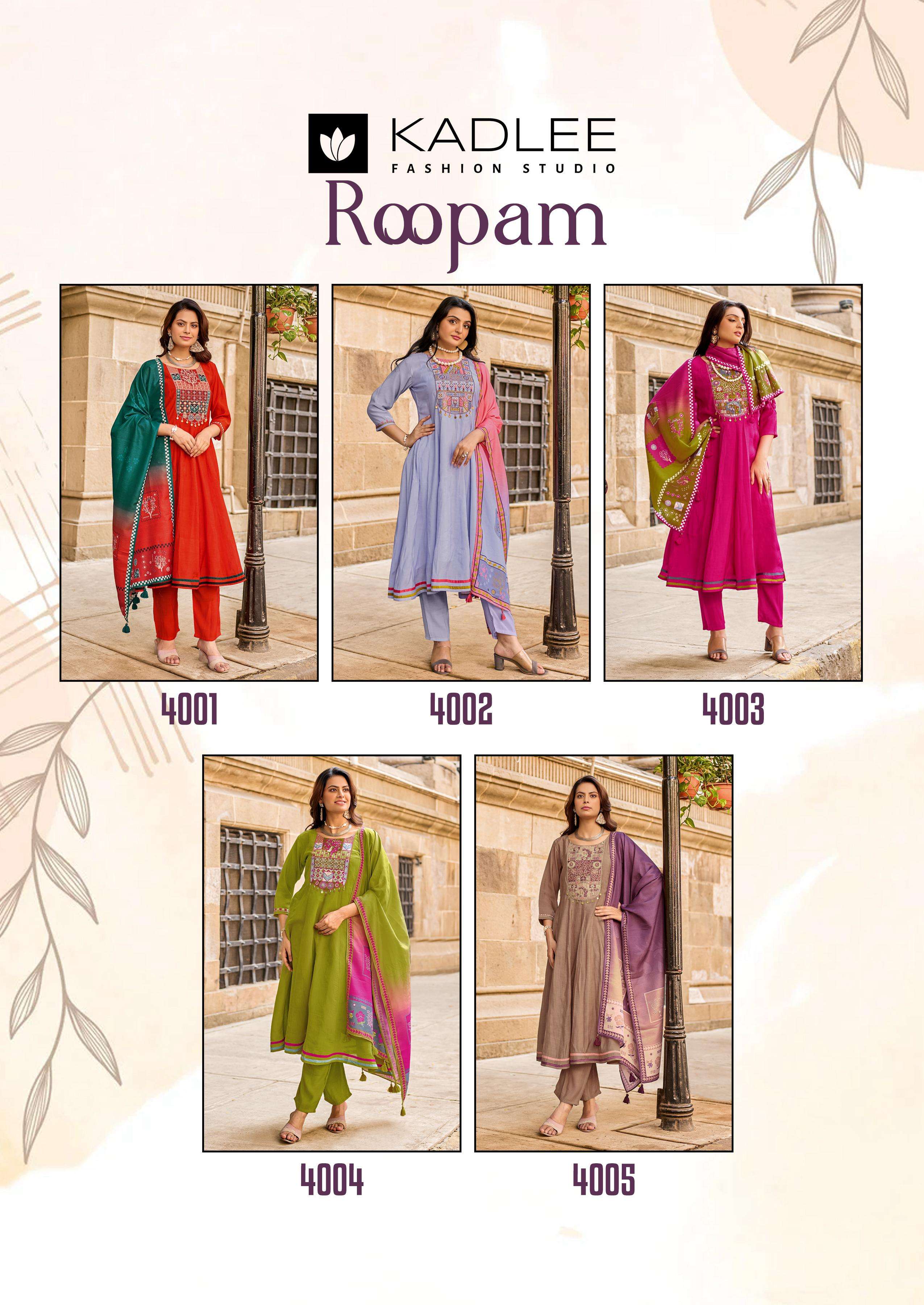 KADLEE ROOPAM CHANDERI SILK FANCY GHERA STYLE KURTI BOTTOM AND DUPATTA SET 