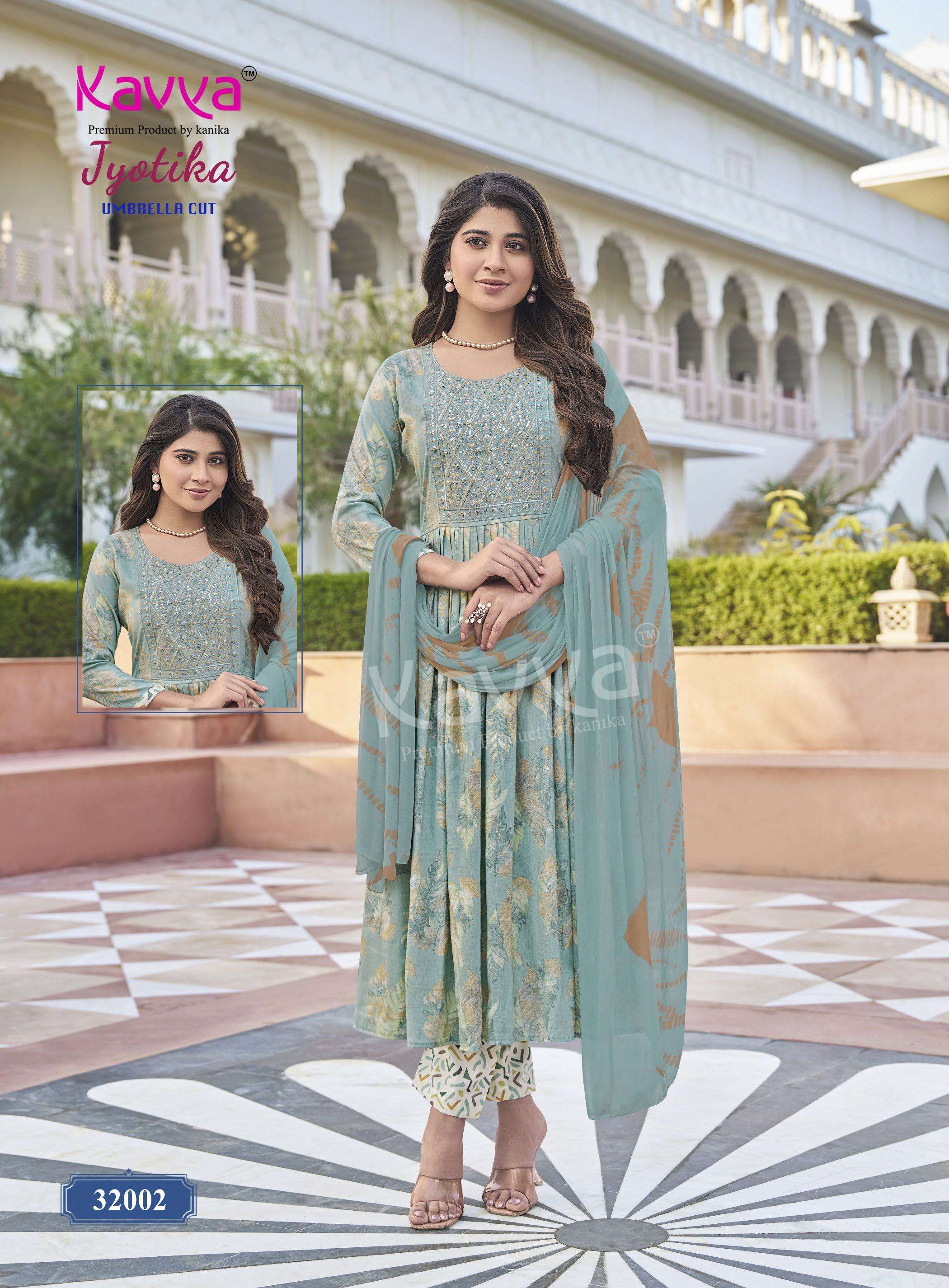 KAVYA JYOTIKA VOL 32 CAPSULE FOIL PRINT ANARKALI STYLE LADIES KURTI BOTTOM AND DUPATTA SET 