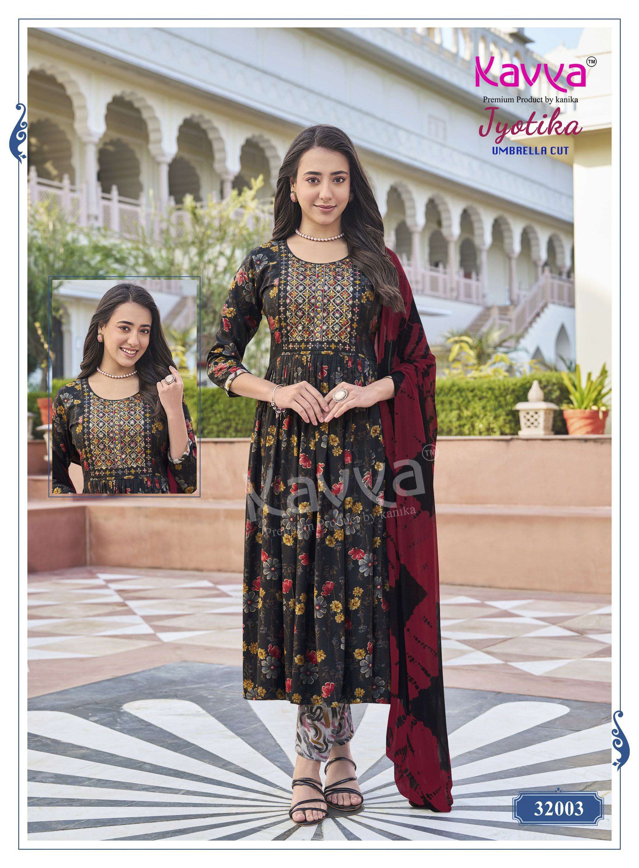 KAVYA JYOTIKA VOL 32 CAPSULE FOIL PRINT ANARKALI STYLE LADIES KURTI BOTTOM AND DUPATTA SET 