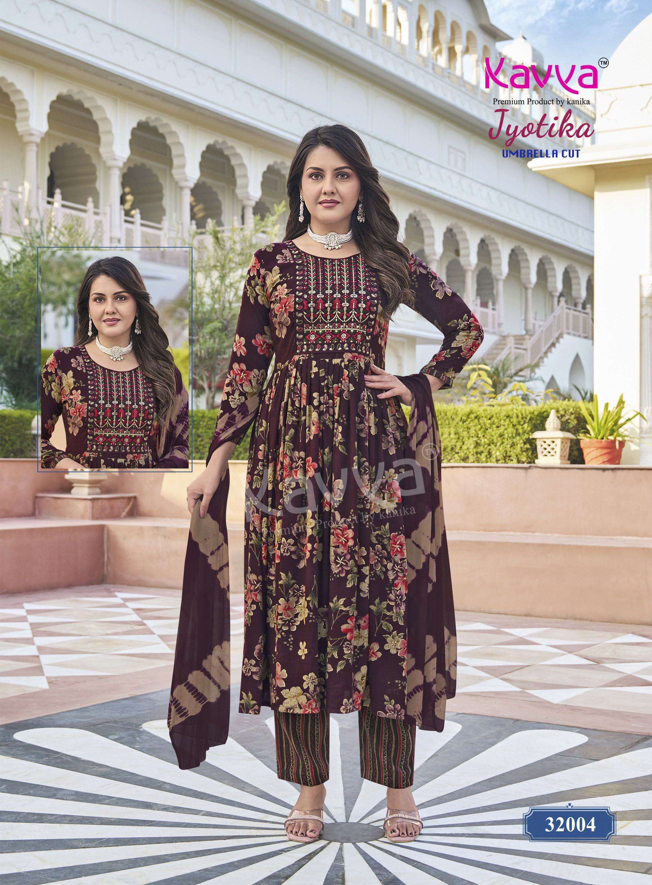 KAVYA JYOTIKA VOL 32 CAPSULE FOIL PRINT ANARKALI STYLE LADIES KURTI BOTTOM AND DUPATTA SET 