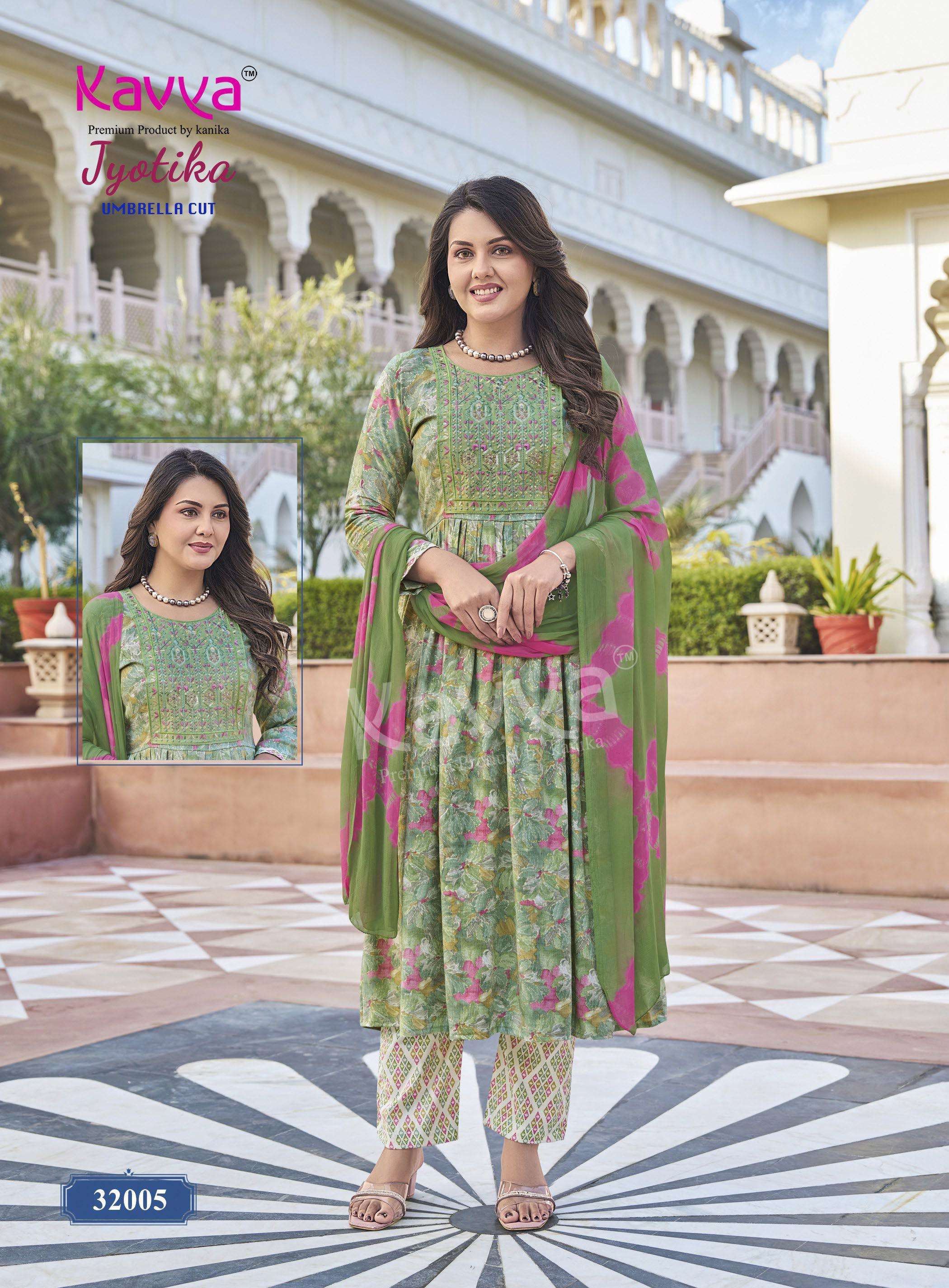 KAVYA JYOTIKA VOL 32 CAPSULE FOIL PRINT ANARKALI STYLE LADIES KURTI BOTTOM AND DUPATTA SET 