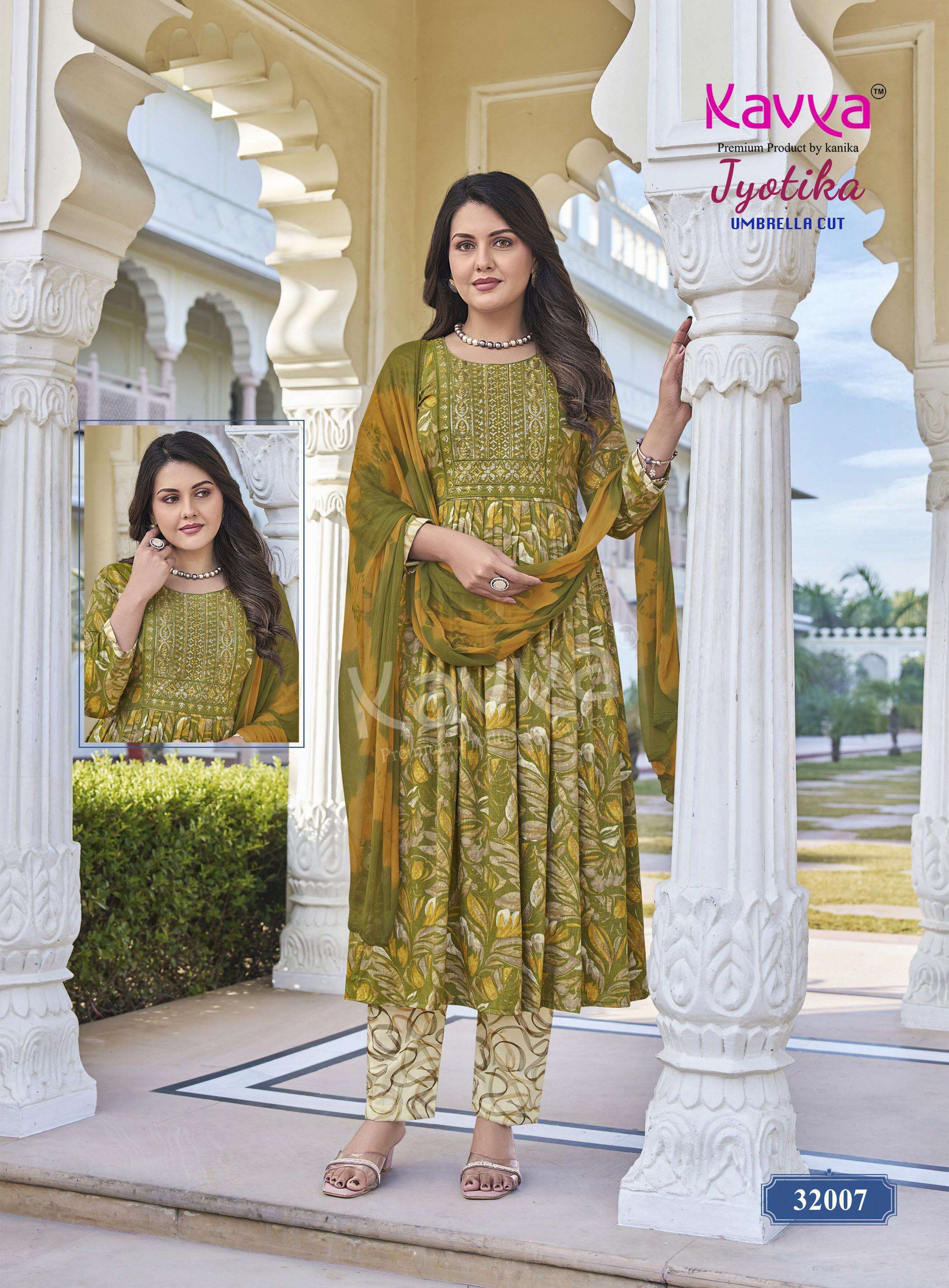KAVYA JYOTIKA VOL 32 CAPSULE FOIL PRINT ANARKALI STYLE LADIES KURTI BOTTOM AND DUPATTA SET 