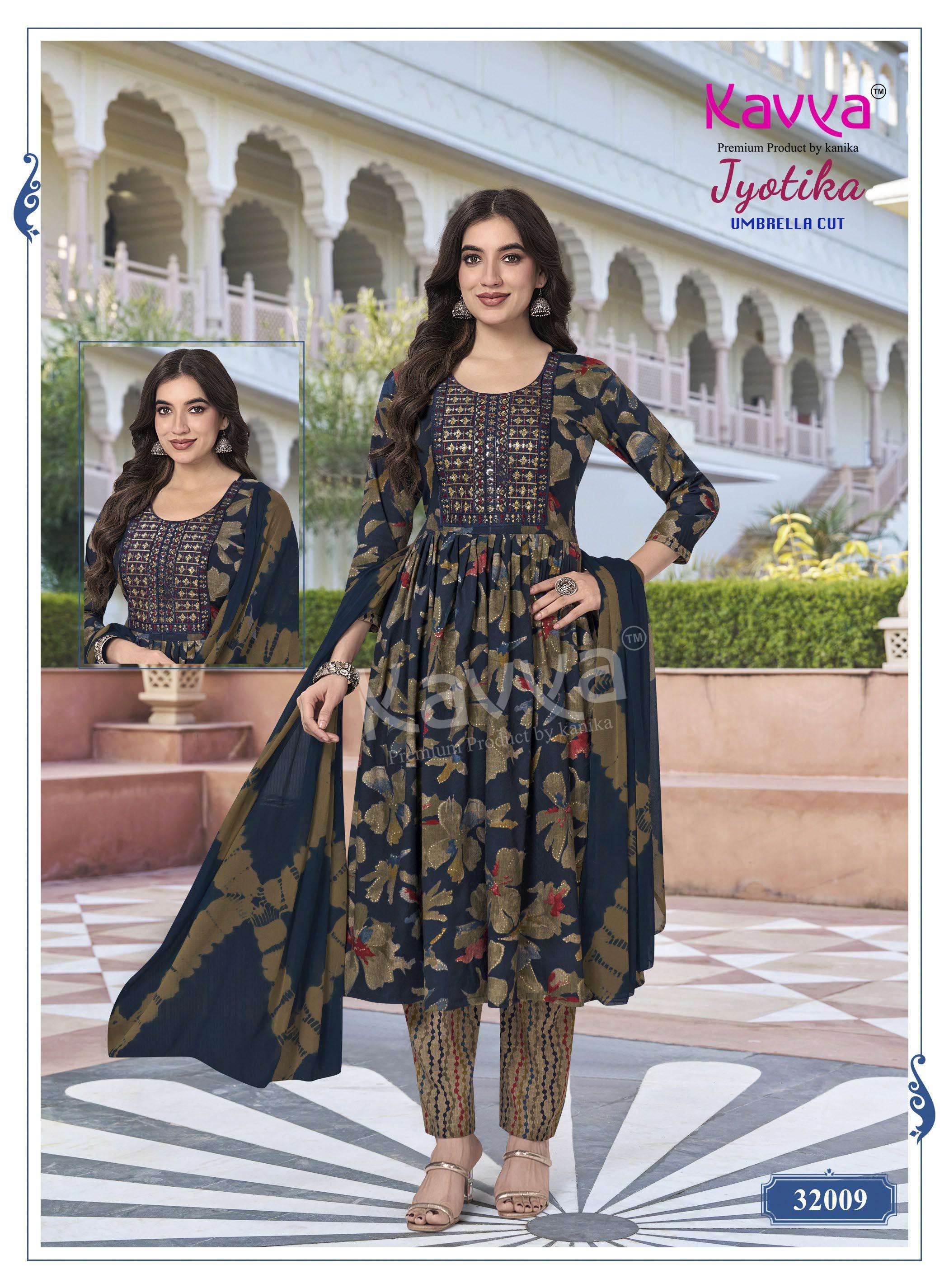 KAVYA JYOTIKA VOL 32 CAPSULE FOIL PRINT ANARKALI STYLE LADIES KURTI BOTTOM AND DUPATTA SET 
