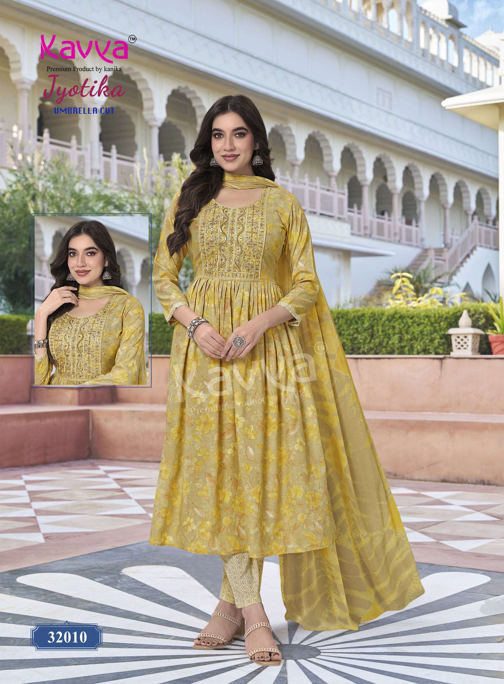 KAVYA JYOTIKA VOL 32 CAPSULE FOIL PRINT ANARKALI STYLE LADIES KURTI BOTTOM AND DUPATTA SET 