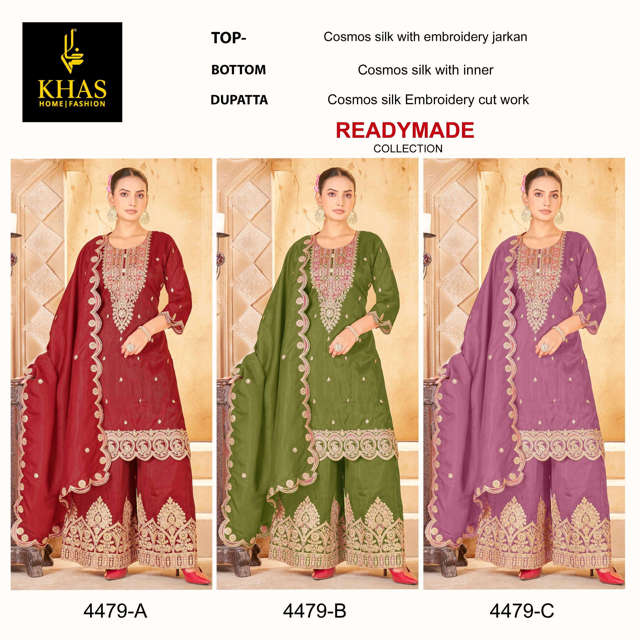 KHAS FASHION D NO 4479 SIMER SILK HEAVY EMBROIDERD DESIGNER WEDDING WEAR PAKISTANI SUIT