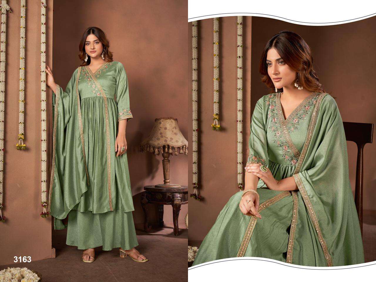 LADIES FLAVOR ALMOND SILK DESIGNER LOOK PARTY WEAR LADIES 3PIECE SET 