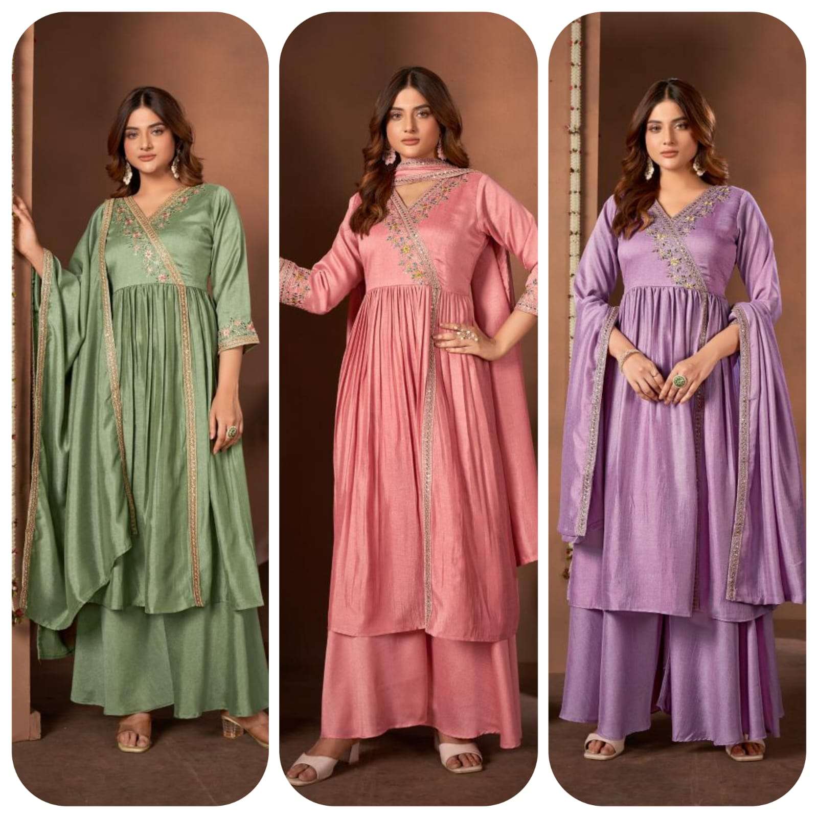 LADIES FLAVOR ALMOND SILK DESIGNER LOOK PARTY WEAR LADIES 3PIECE SET 