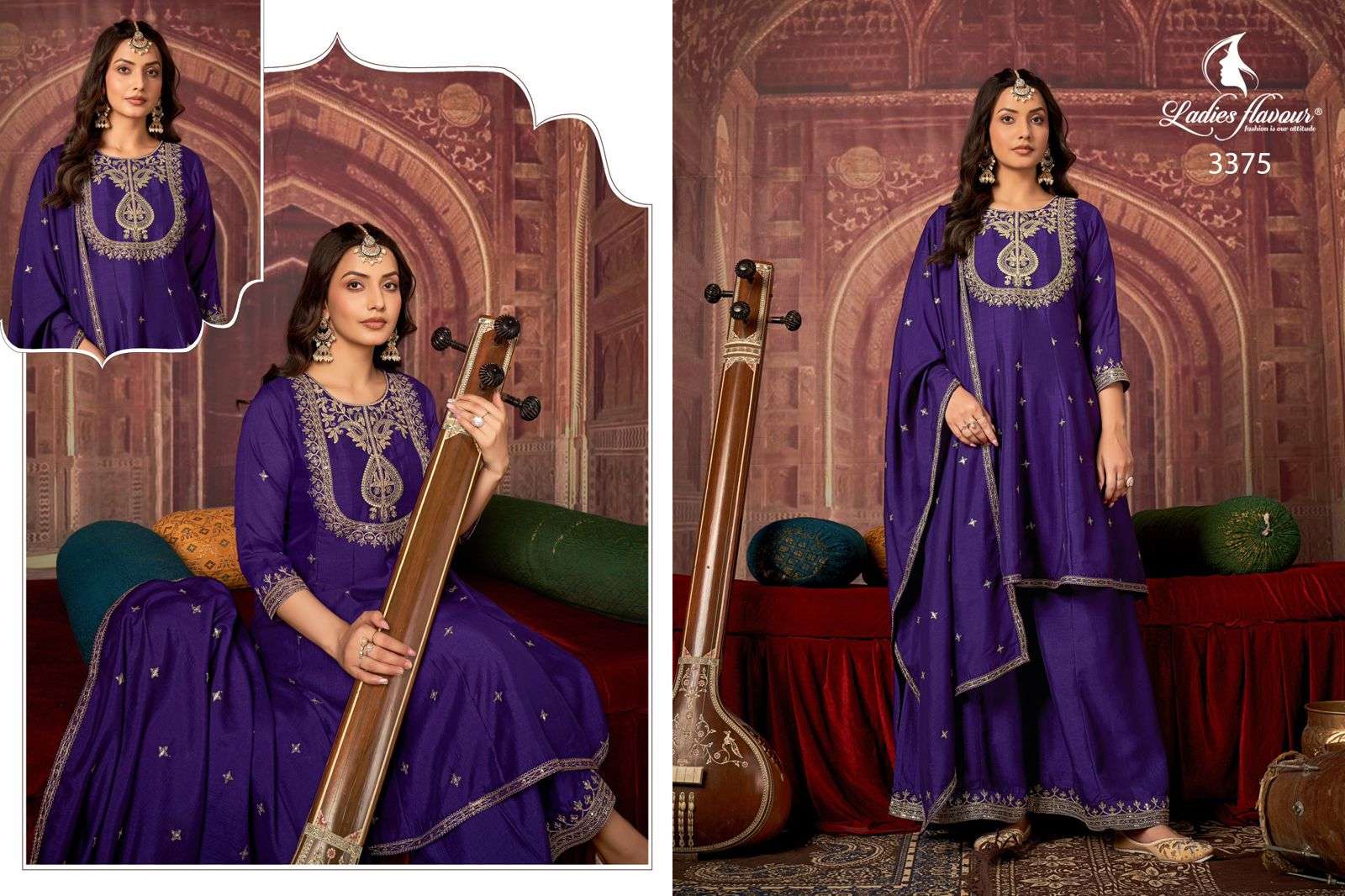 LADIES FLAVOR CULTURE SILK EMBROIDERY DESIGNER WORK LADIES 3PIECE SET COLLECTION 