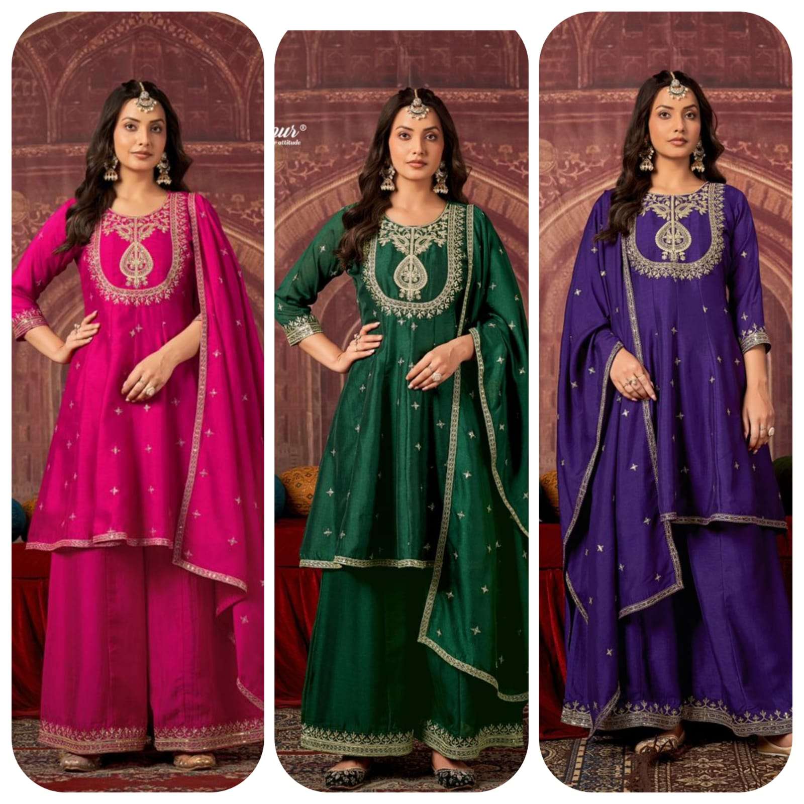 LADIES FLAVOR CULTURE SILK EMBROIDERY DESIGNER WORK LADIES 3PIECE SET COLLECTION 