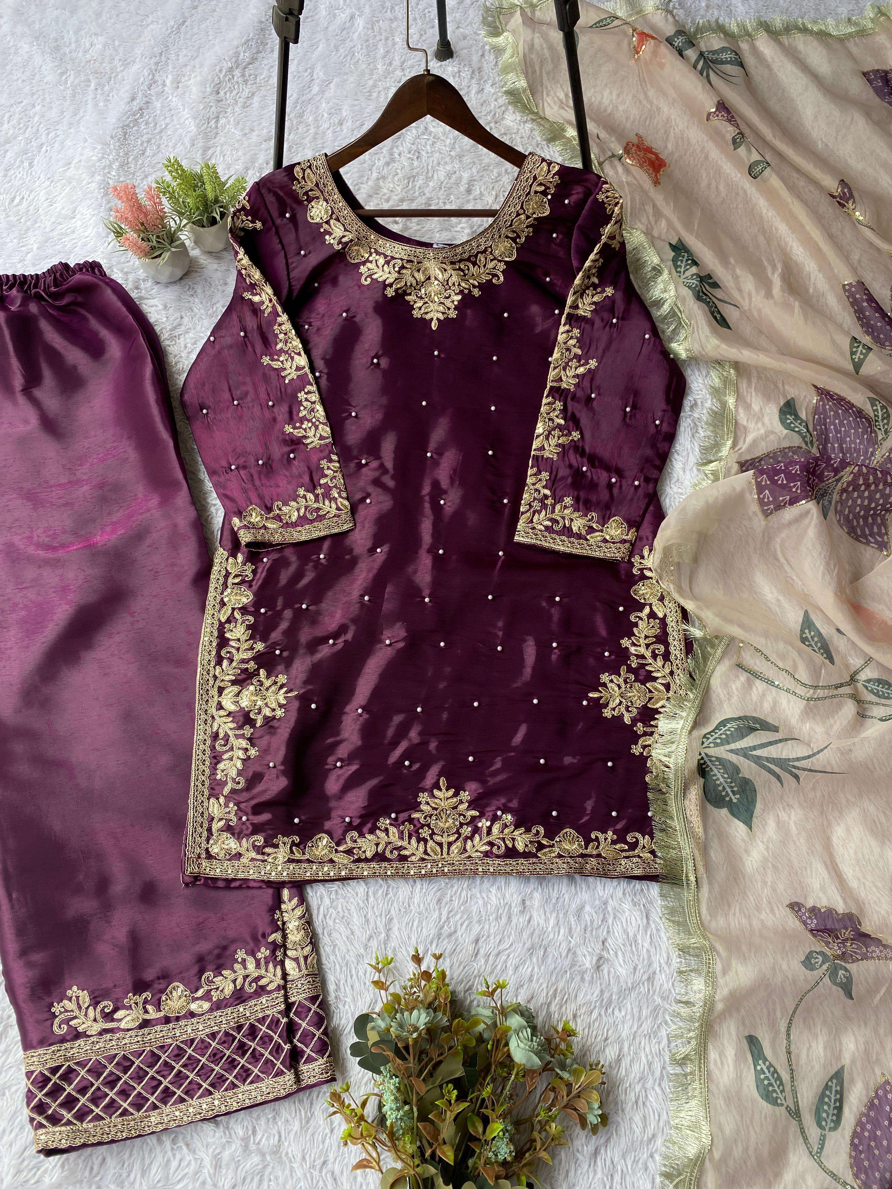 LG 2060 MAROON SILK HEAVY BEAUTIFUL DESIGNER PARTY WEAR LADIES SUIT