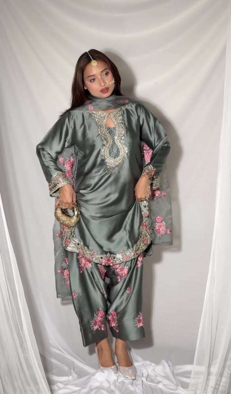 MD 3081 SATIN WITH EMBROIDERY DESIGNER WORK PARTY WEAR LADIES SUIT