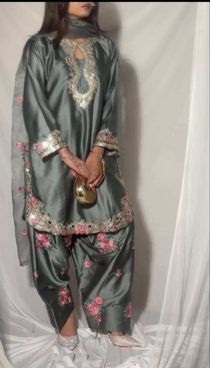 MD 3081 SATIN WITH EMBROIDERY DESIGNER WORK PARTY WEAR LADIES SUIT