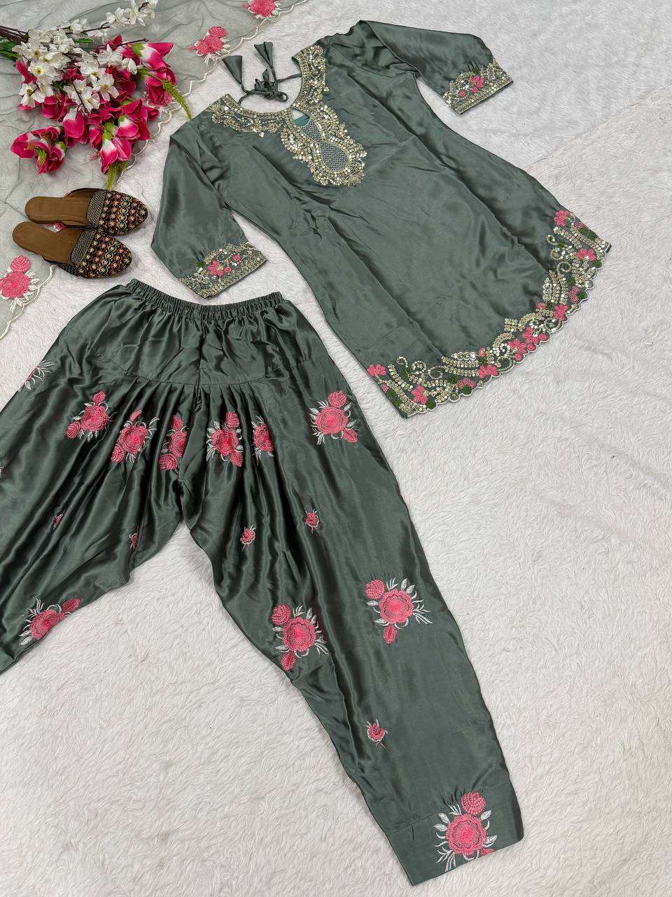 MD 3081 SATIN WITH EMBROIDERY DESIGNER WORK PARTY WEAR LADIES SUIT