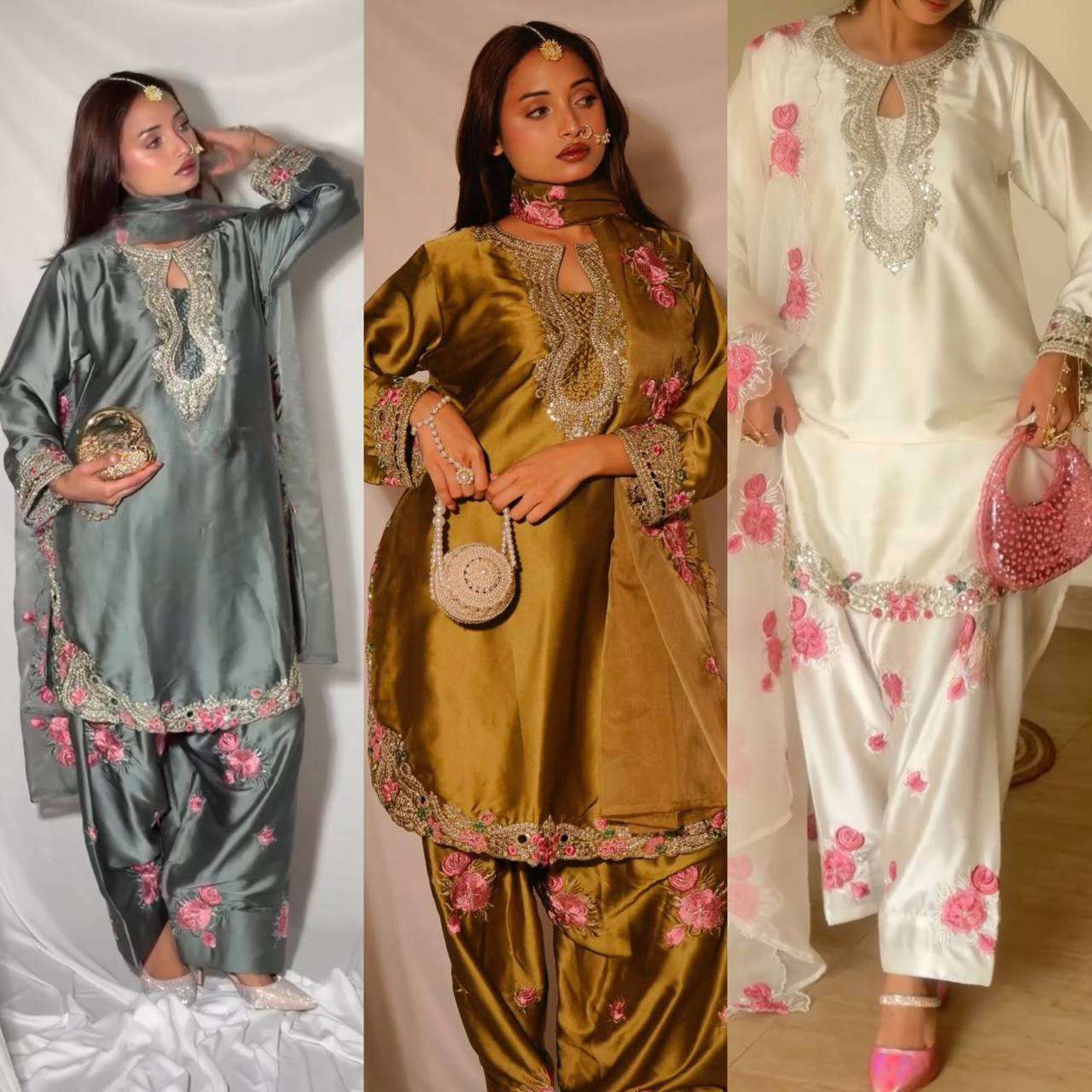 MD 3081 SATIN WITH EMBROIDERY DESIGNER WORK PARTY WEAR LADIES SUIT