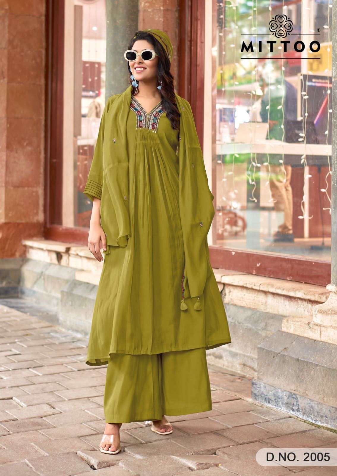 MITTOO STREET WEAR CHANDERI SILK DESIGNER WORK FESTIVE WEAR LADIES SUIT