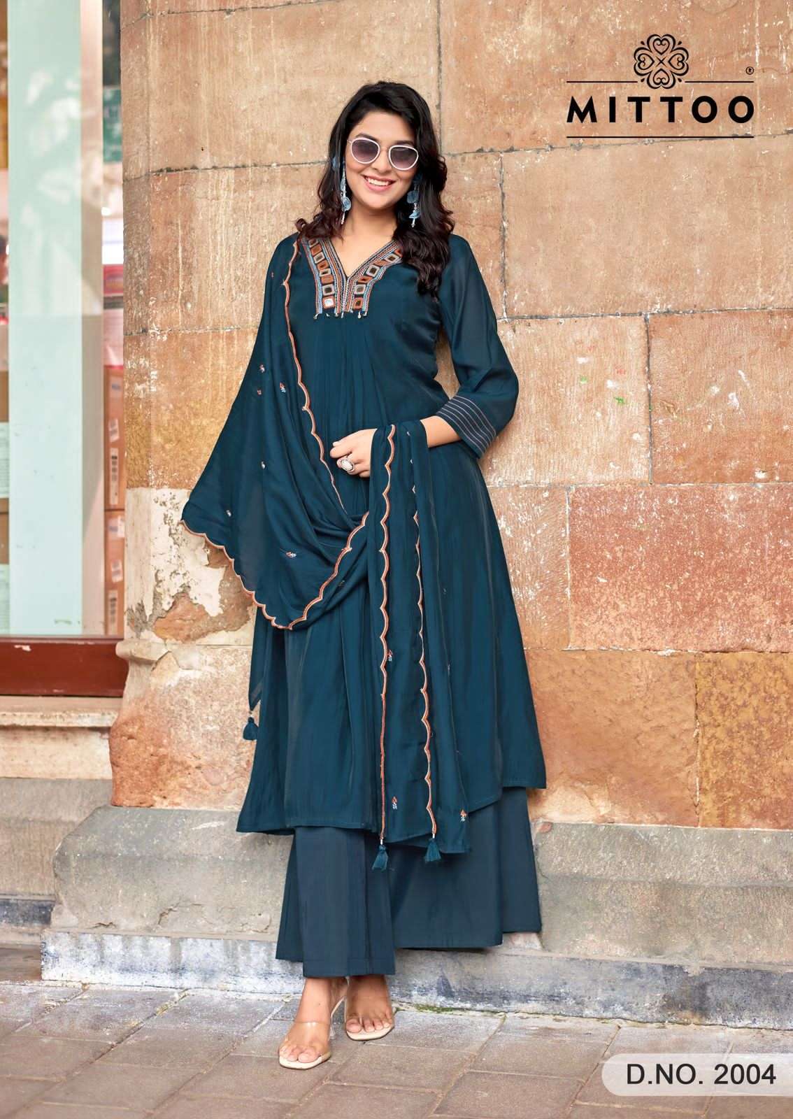MITTOO STREET WEAR CHANDERI SILK DESIGNER WORK FESTIVE WEAR LADIES SUIT