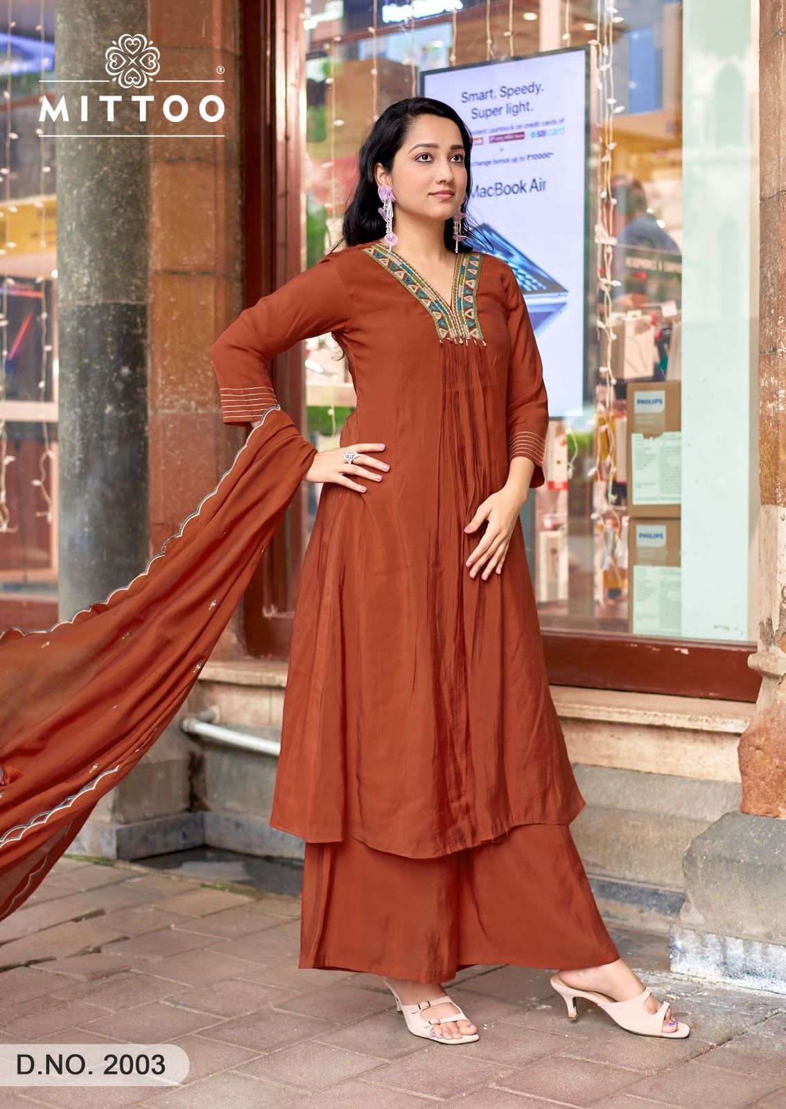 MITTOO STREET WEAR CHANDERI SILK DESIGNER WORK FESTIVE WEAR LADIES SUIT