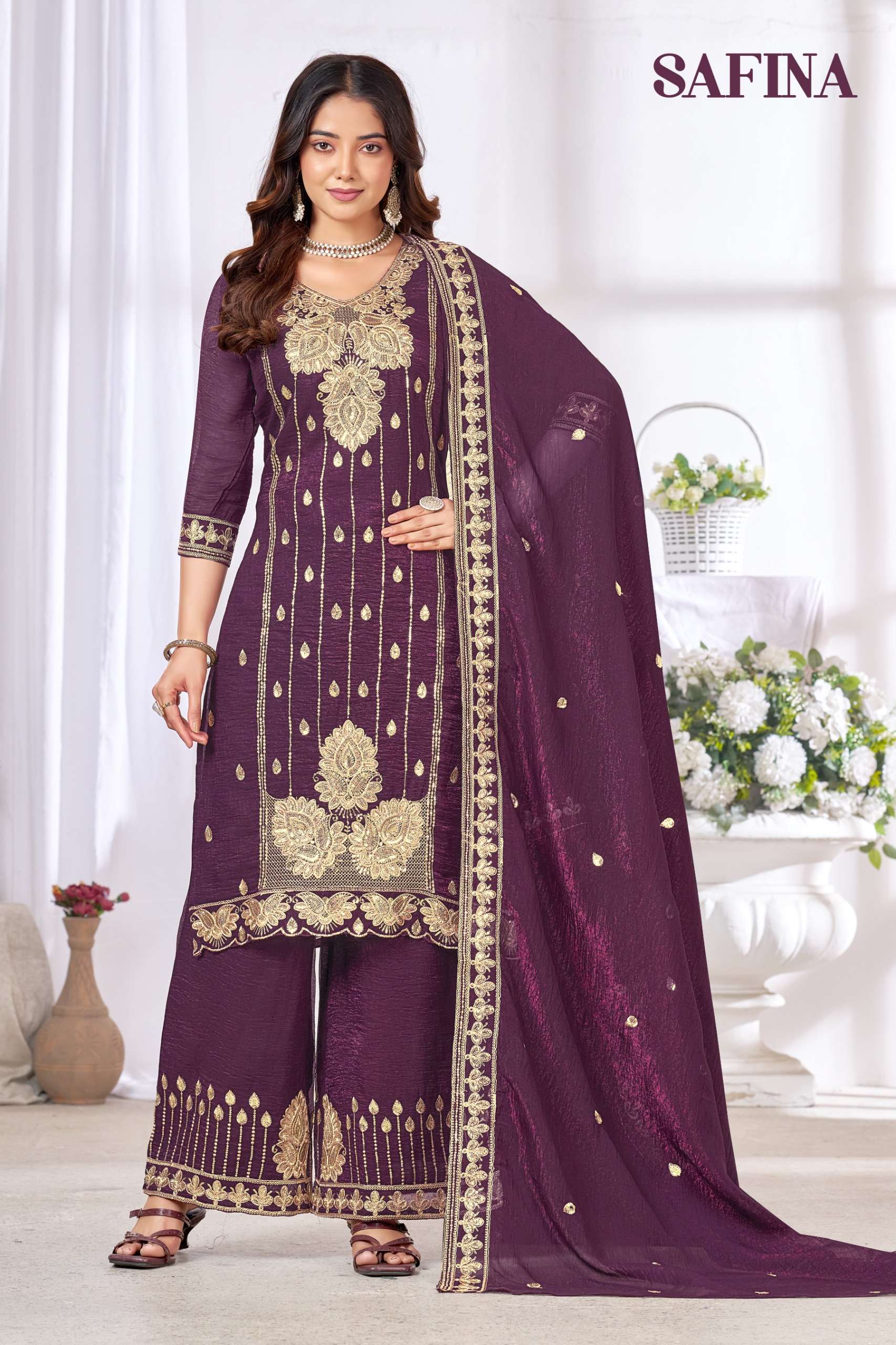MUKESH SAFINA CHINON HEAVY EMBROIDERED DESIGNER READY MADE LADIES SUIT