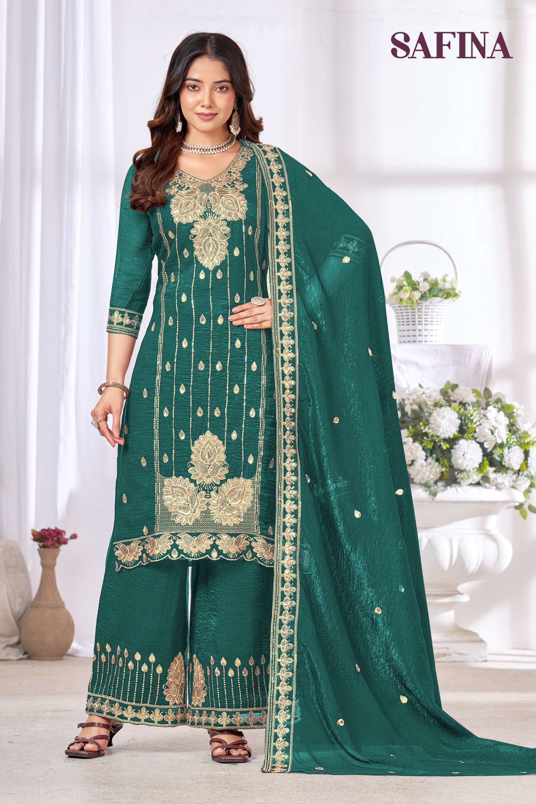 MUKESH SAFINA CHINON HEAVY EMBROIDERED DESIGNER READY MADE LADIES SUIT
