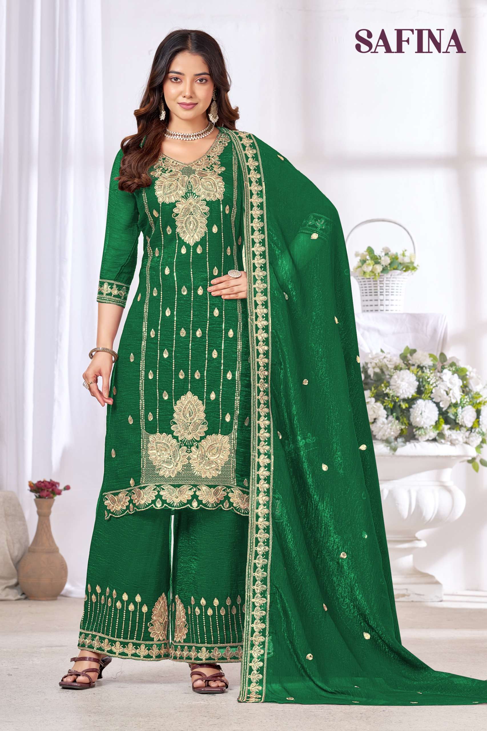 MUKESH SAFINA CHINON HEAVY EMBROIDERED DESIGNER READY MADE LADIES SUIT