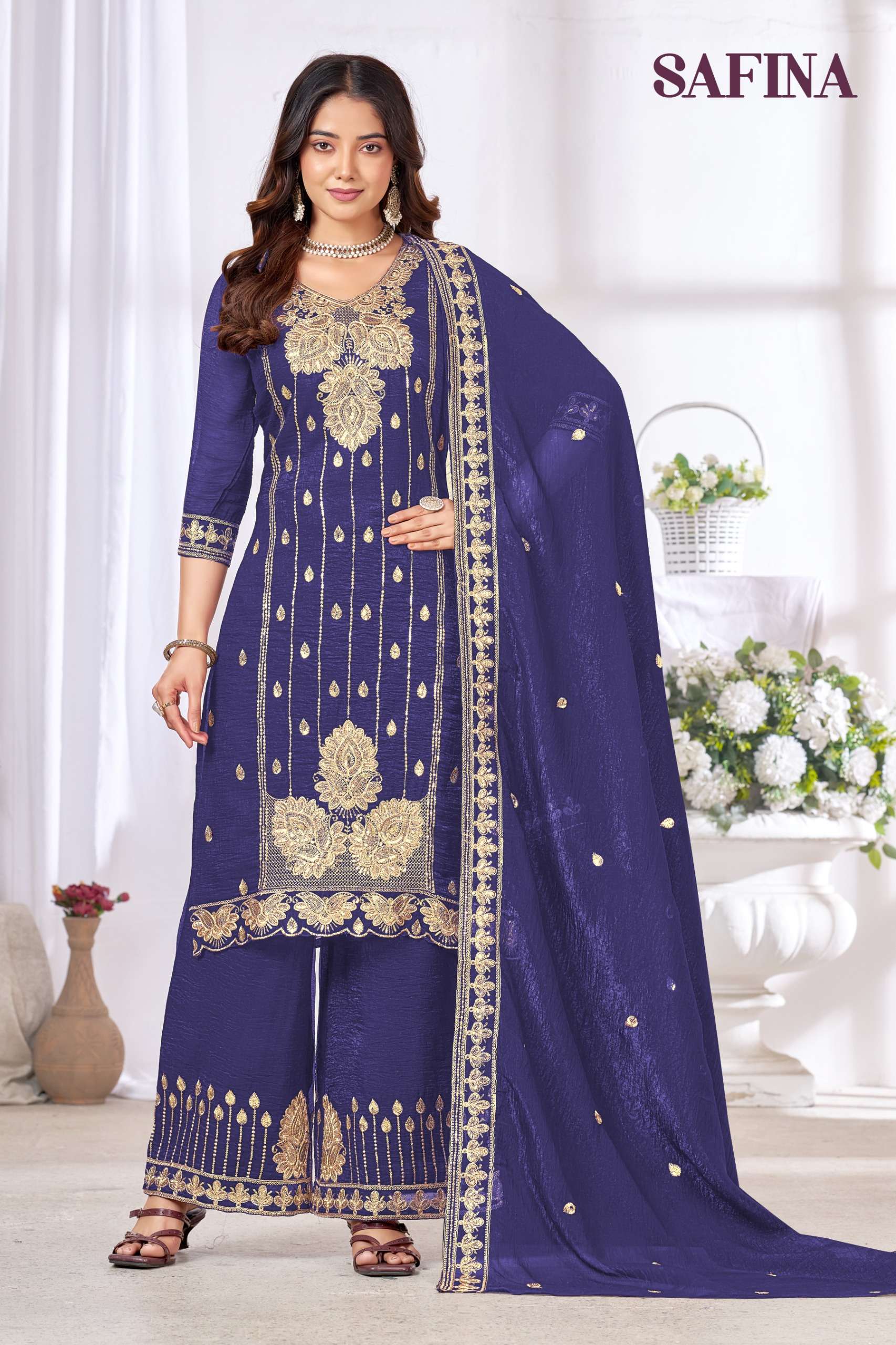 MUKESH SAFINA CHINON HEAVY EMBROIDERED DESIGNER READY MADE LADIES SUIT