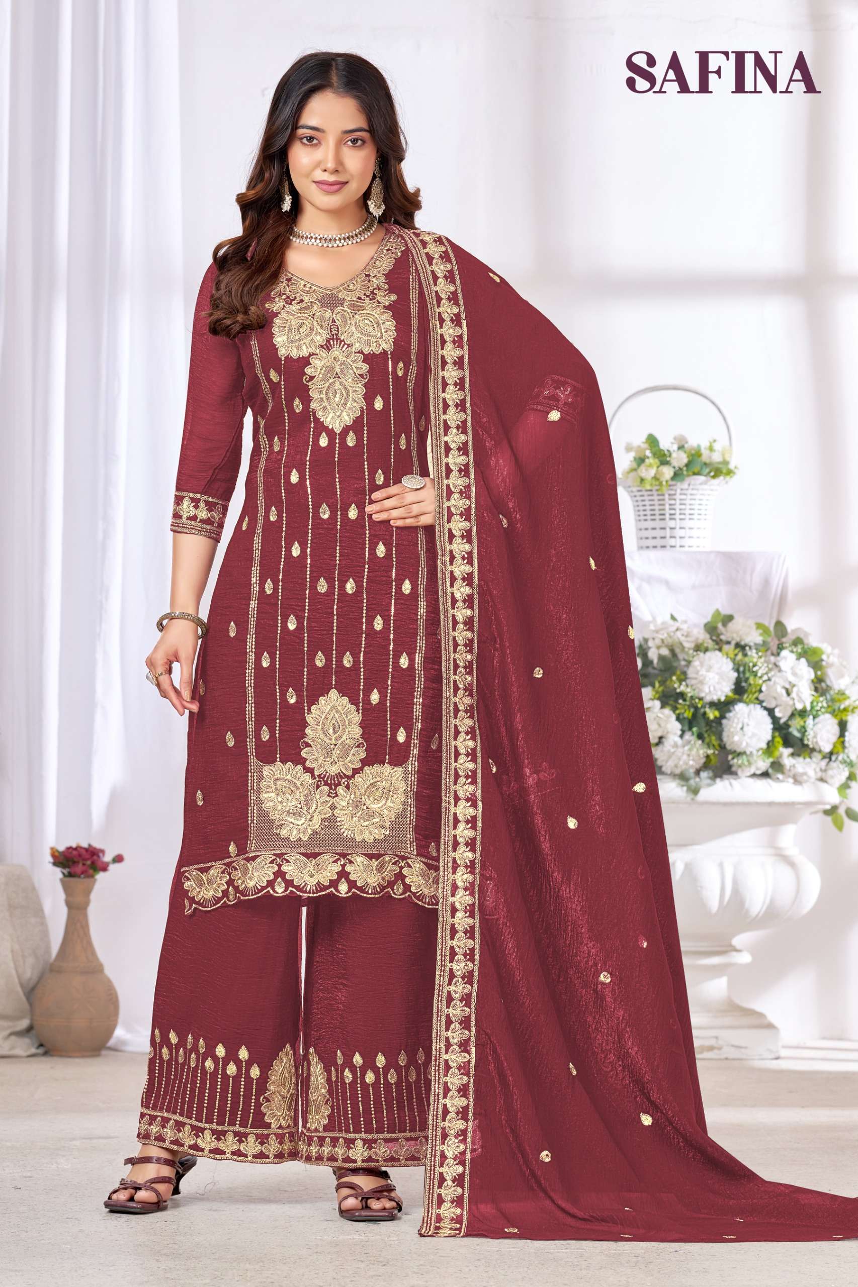 MUKESH SAFINA CHINON HEAVY EMBROIDERED DESIGNER READY MADE LADIES SUIT