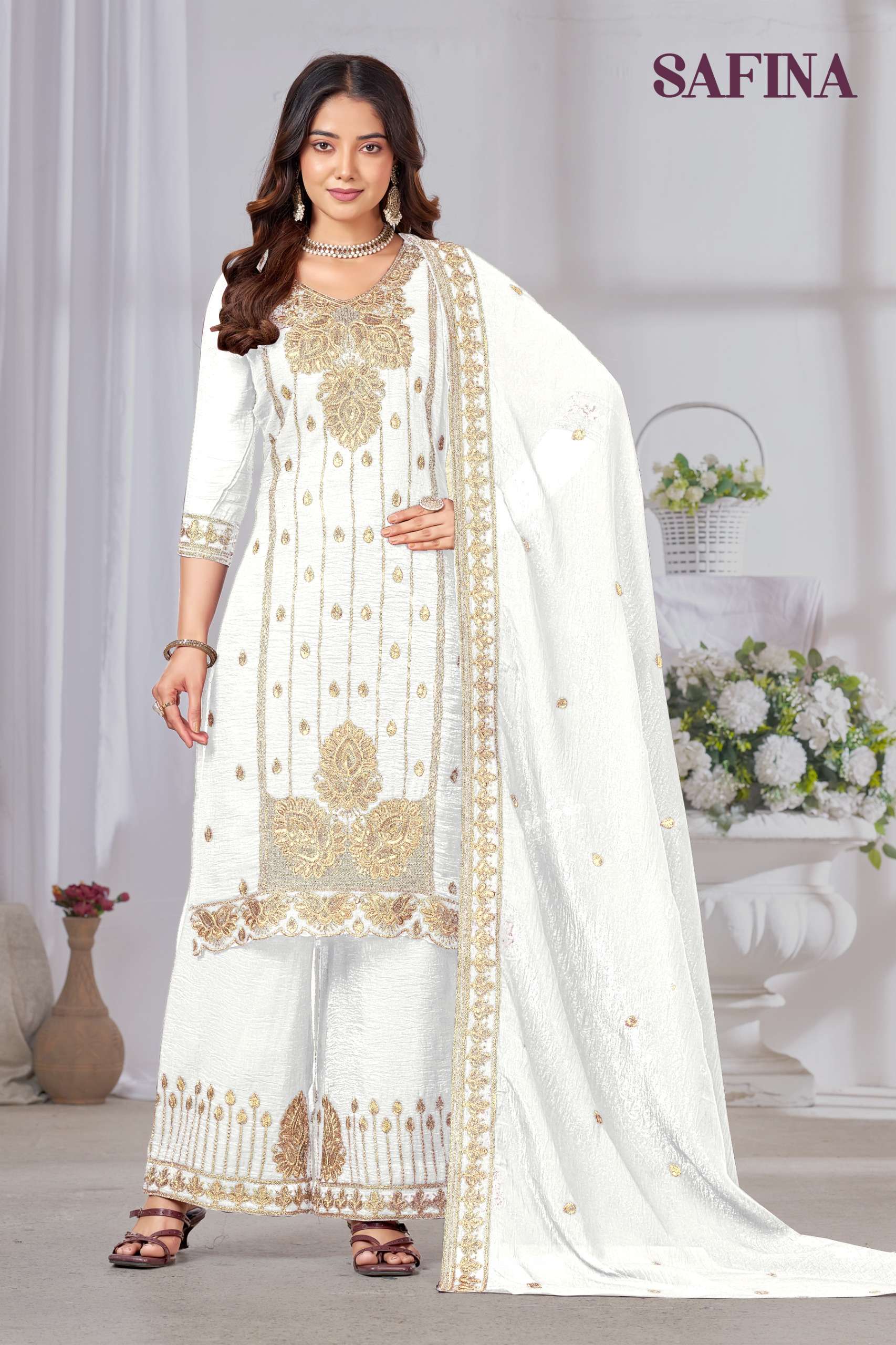 MUKESH SAFINA CHINON HEAVY EMBROIDERED DESIGNER READY MADE LADIES SUIT