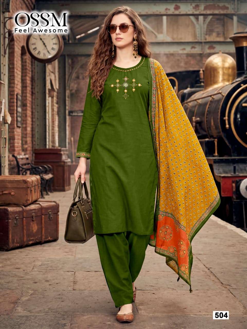 OSSM MALHAR VOL 5 COTTON FANCY EMBROIDERY WORK LADIES KURTI BOTTOM AND DUPATTA SET 