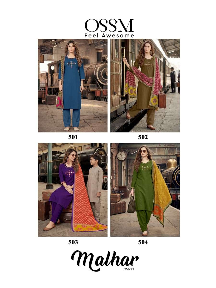OSSM MALHAR VOL 5 COTTON FANCY EMBROIDERY WORK LADIES KURTI BOTTOM AND DUPATTA SET 