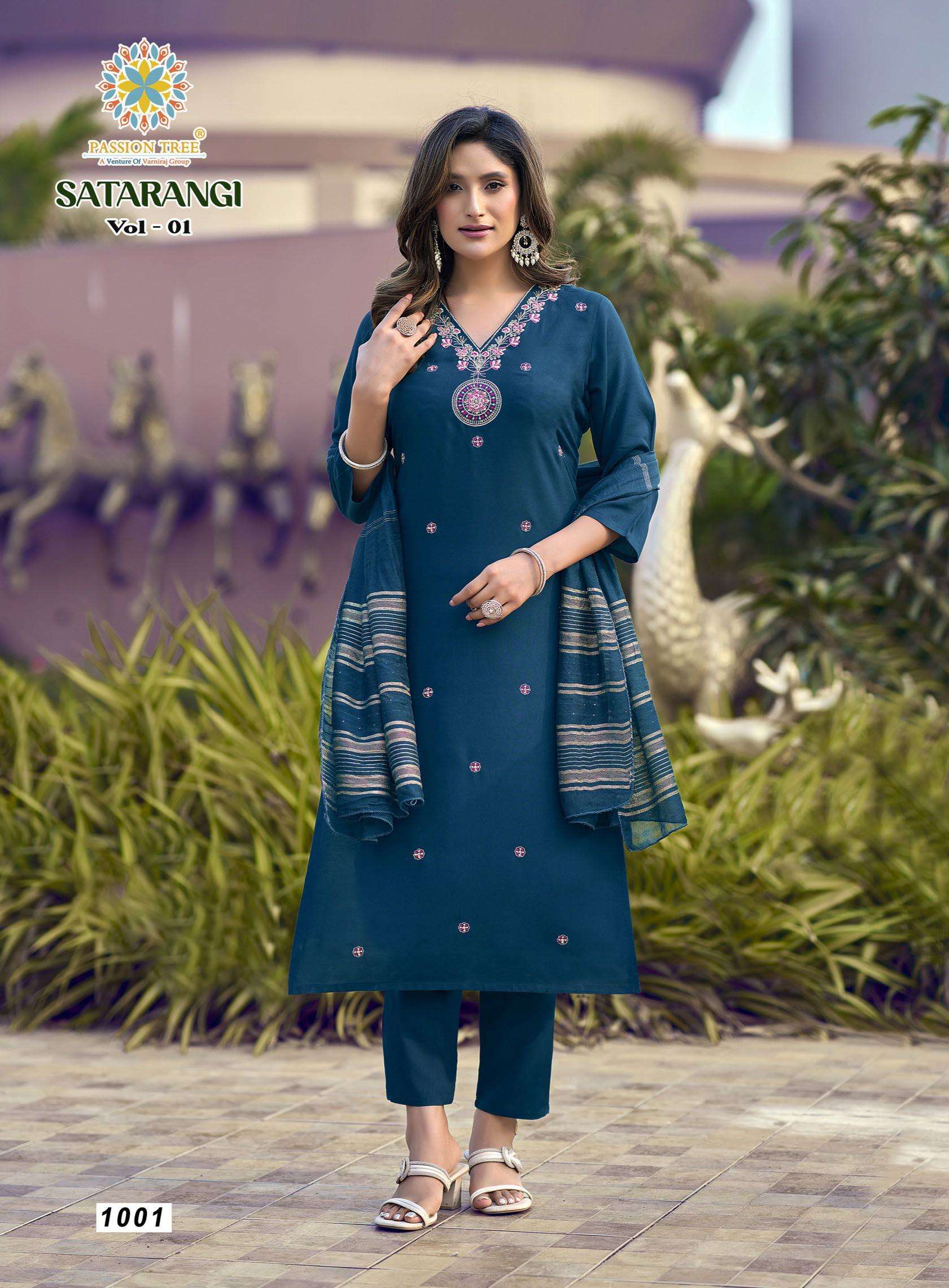 PASSION TREE SATARANGI VOL 1 RAYON FANCY STRAIGHT TOP WITH PANT & DUPATTA SET