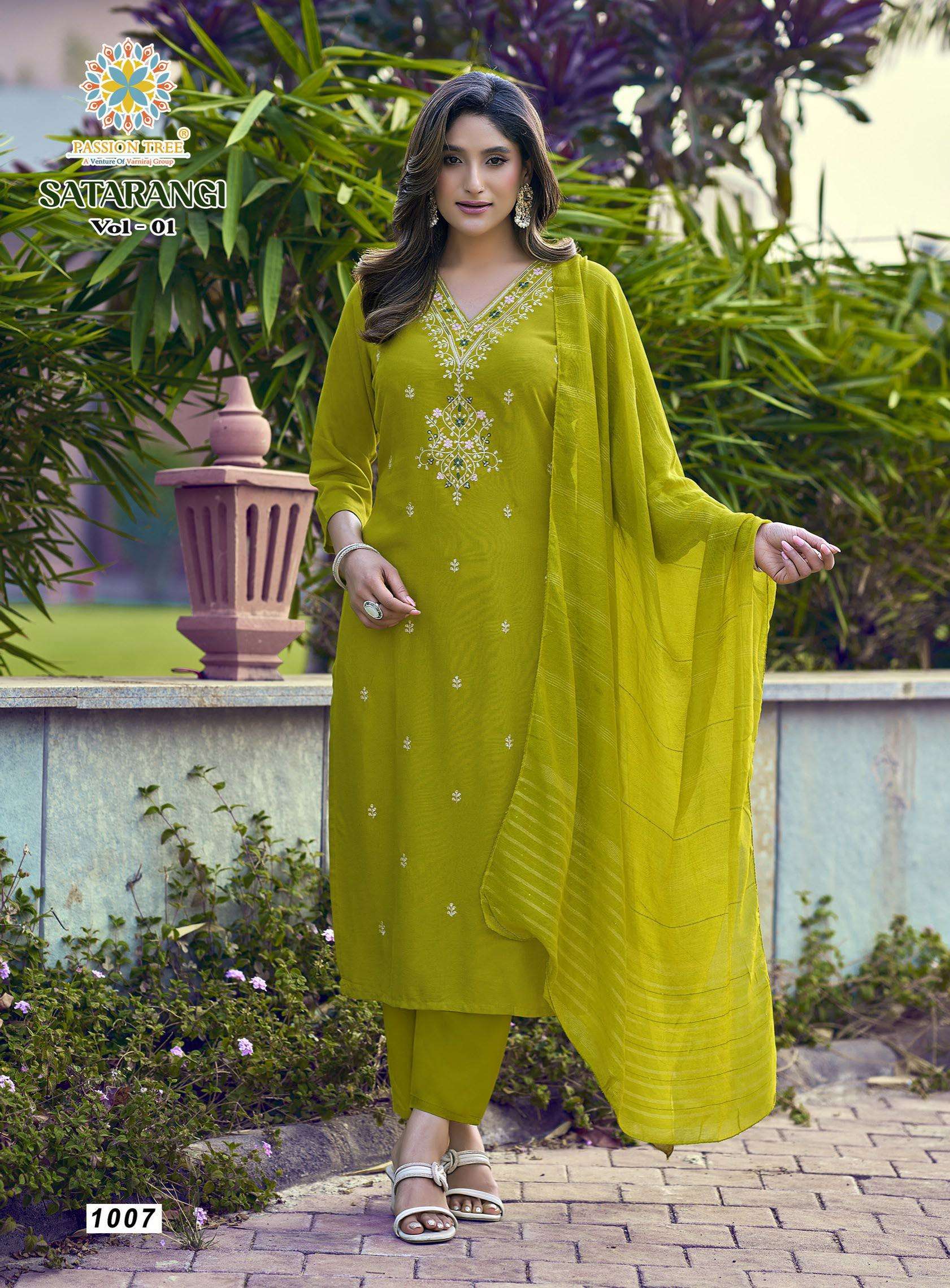 PASSION TREE SATARANGI VOL 1 RAYON FANCY STRAIGHT TOP WITH PANT & DUPATTA SET