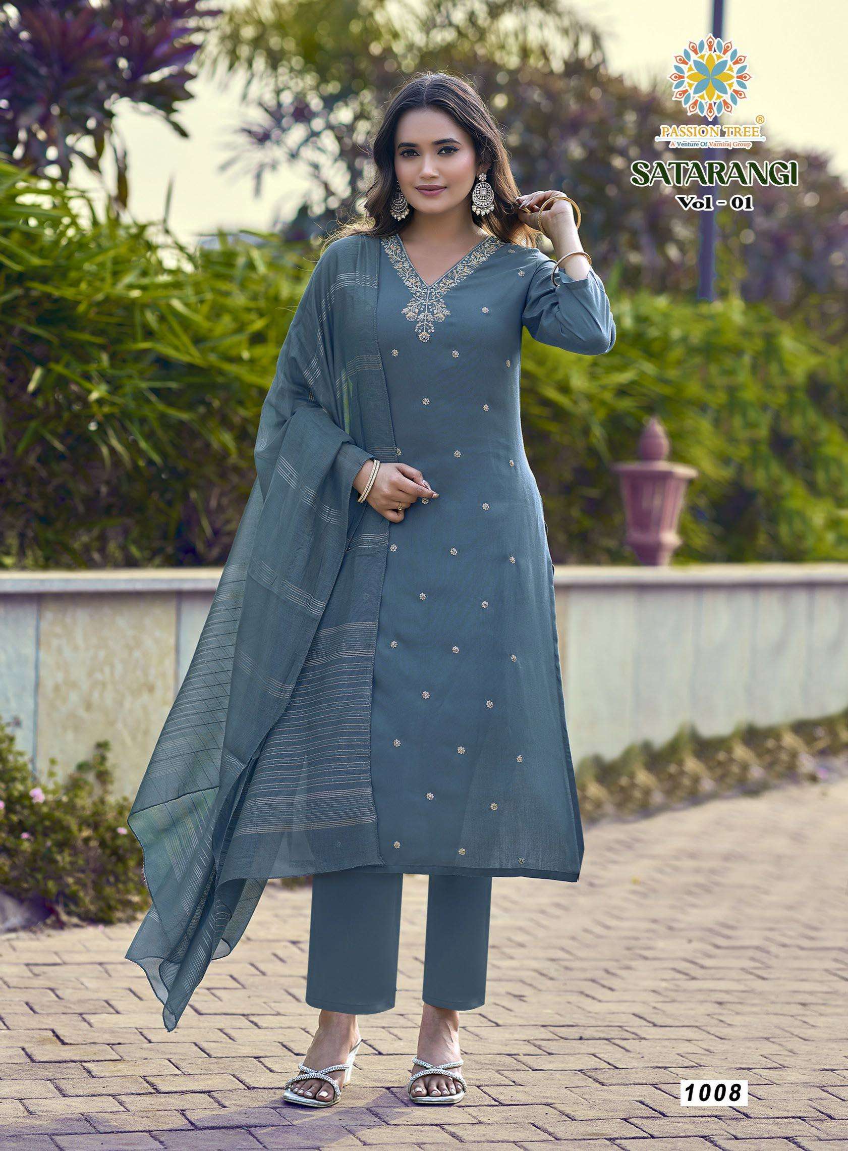 PASSION TREE SATARANGI VOL 1 RAYON FANCY STRAIGHT TOP WITH PANT & DUPATTA SET