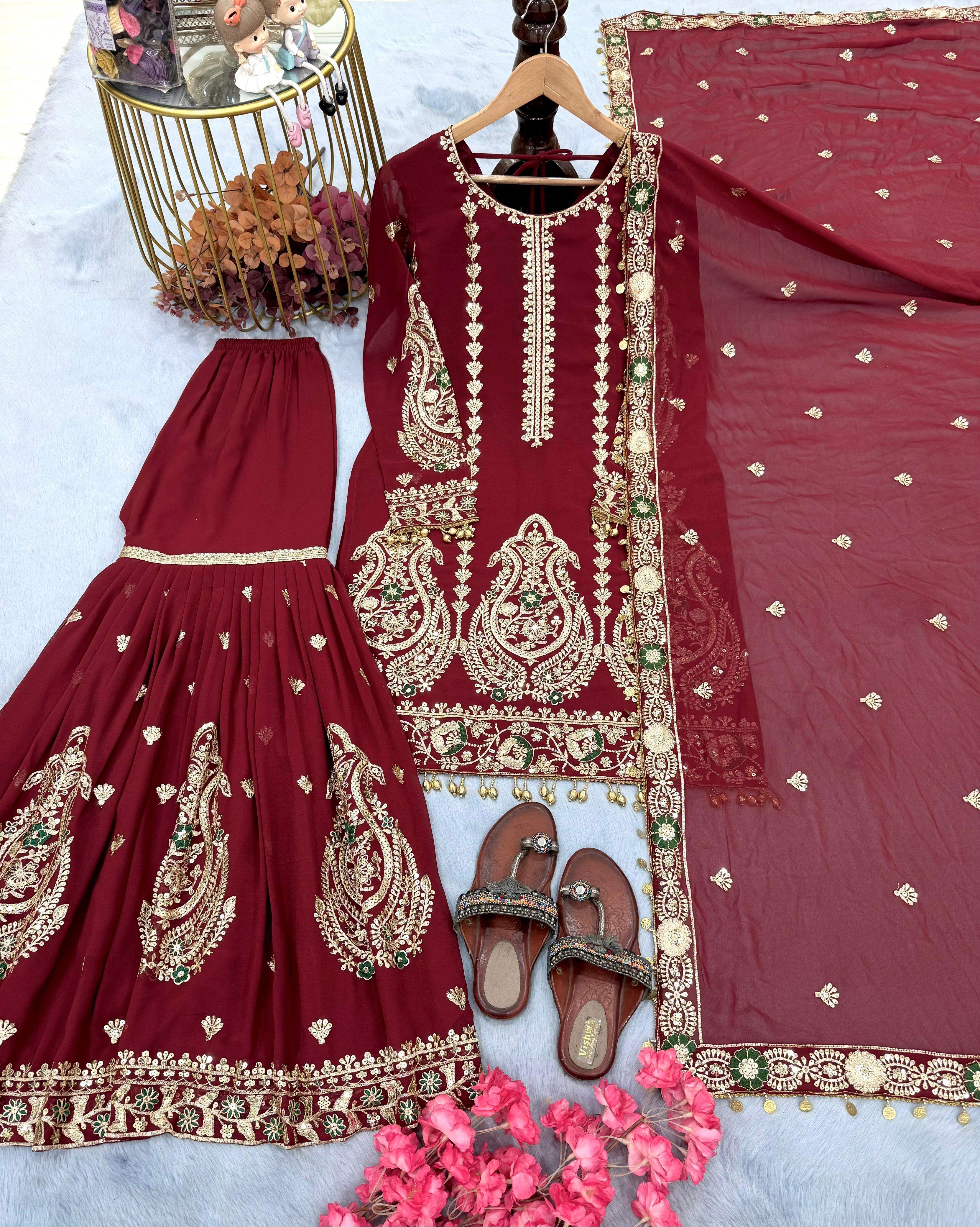 PD 1104 GEORGETTE HEAVY EMBROIDERED DESIGNER PARTY WEAR LADIES SHARARA SUIT