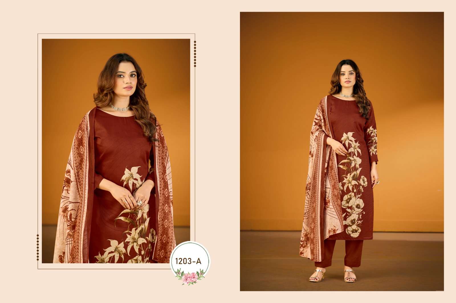 RADHIKA FASHION AZARA KAYKA D NO 1203 JAM COTTON PRINT WITH FANCY WORK SUIT
