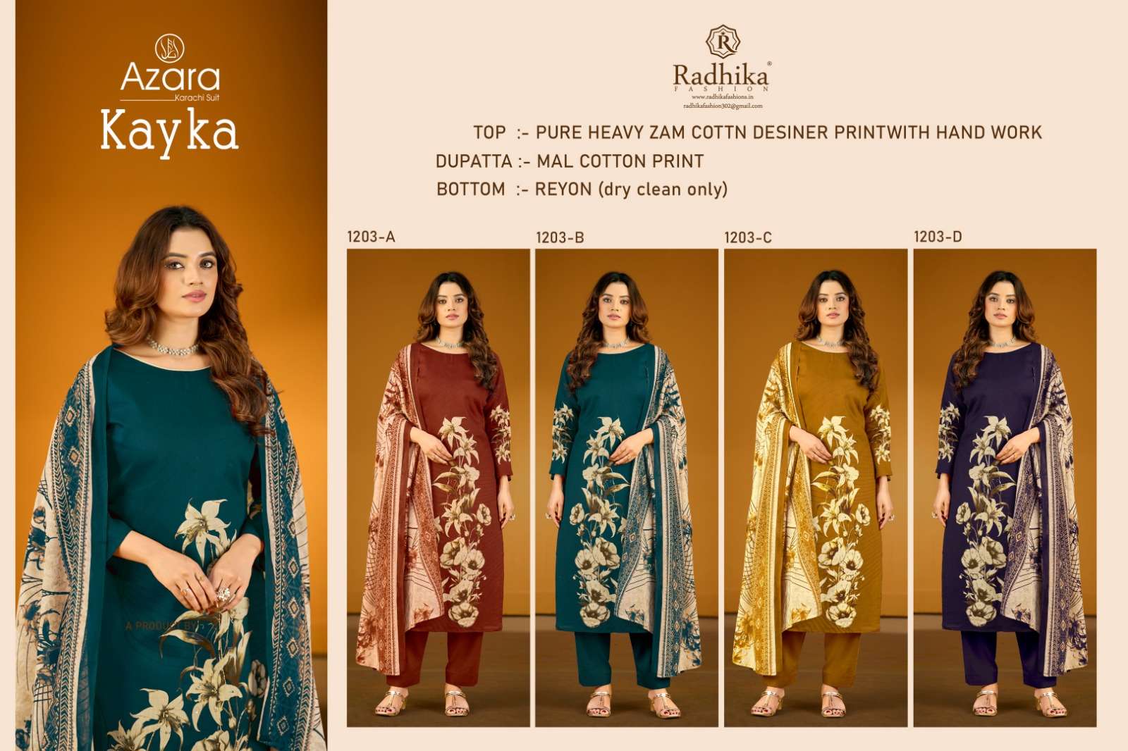 RADHIKA FASHION AZARA KAYKA D NO 1203 JAM COTTON PRINT WITH FANCY WORK SUIT