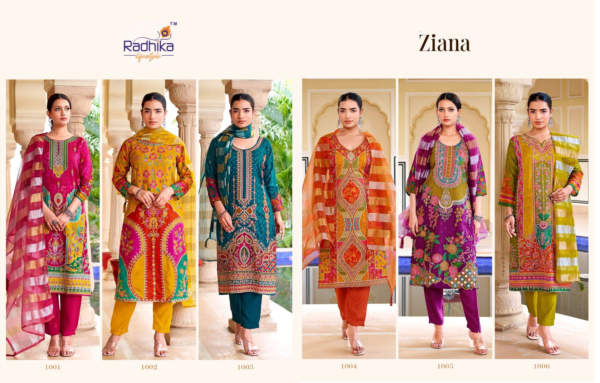 RADHIKA LIFESTYLE ZIANA VOL 1 DOLA SILK PRINT WITH FANCY WORK LADIES 3PIECE SET COLLECTION 
