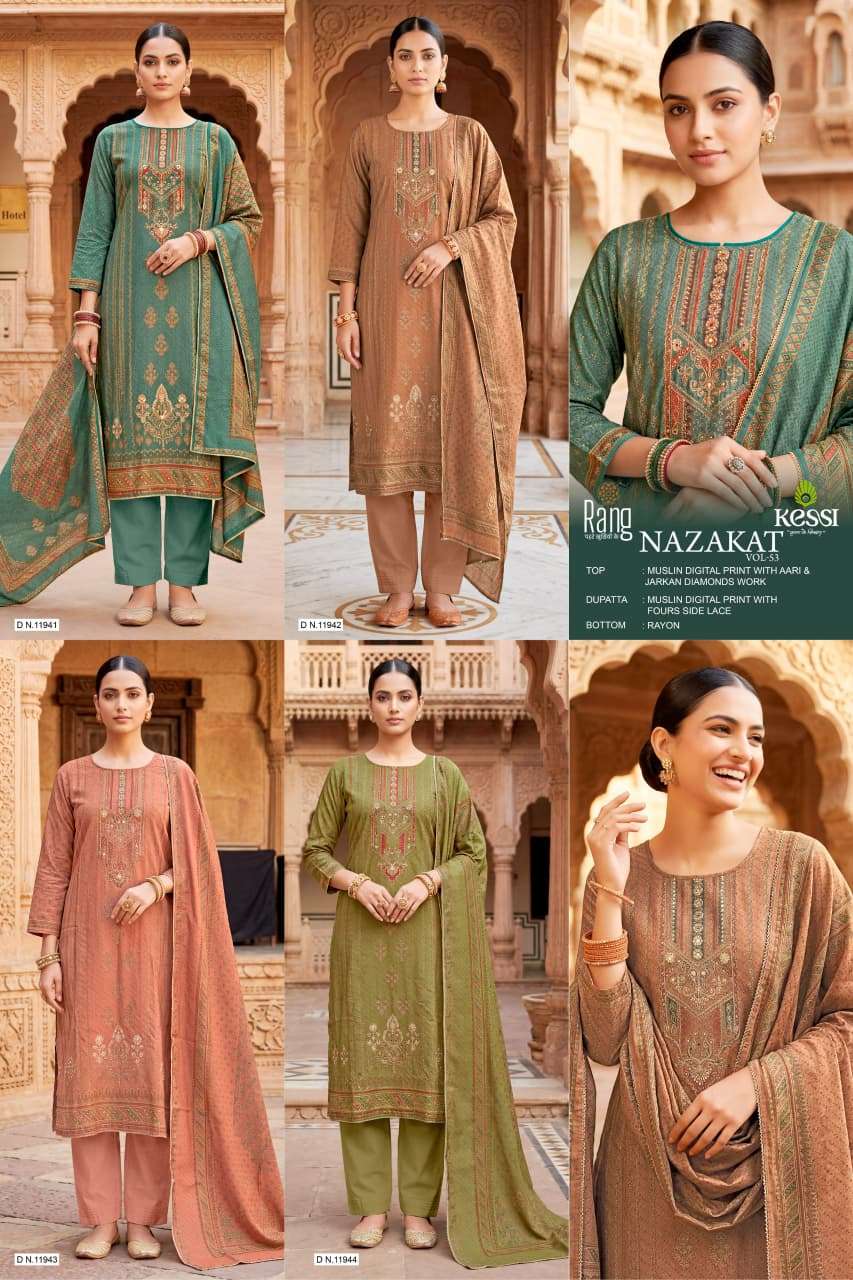 RANG NAZAKAT VOL 53 MUSLIN DIGITAL PRINT WITH FANCY EMBROIDERY WORK SUIT