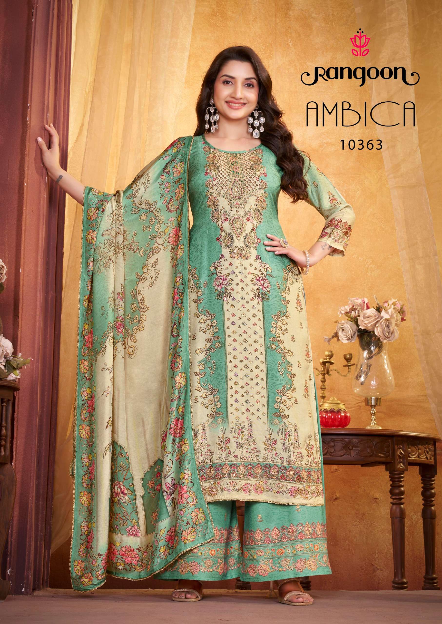 RANGOON AMBICA MUSLIN DIGITAL PRINT WITH FANCY WORK LADIES SUIT