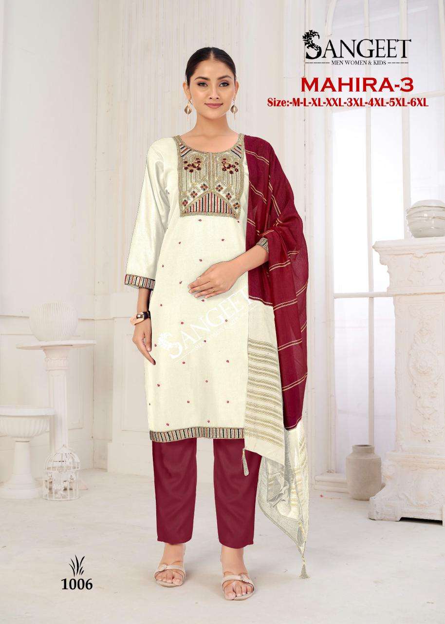 SANGEET MAHIRA VOL 3 RAYON FANCY EMBROIDERY WORK LADIES 3PIECE SET COLLECTION 