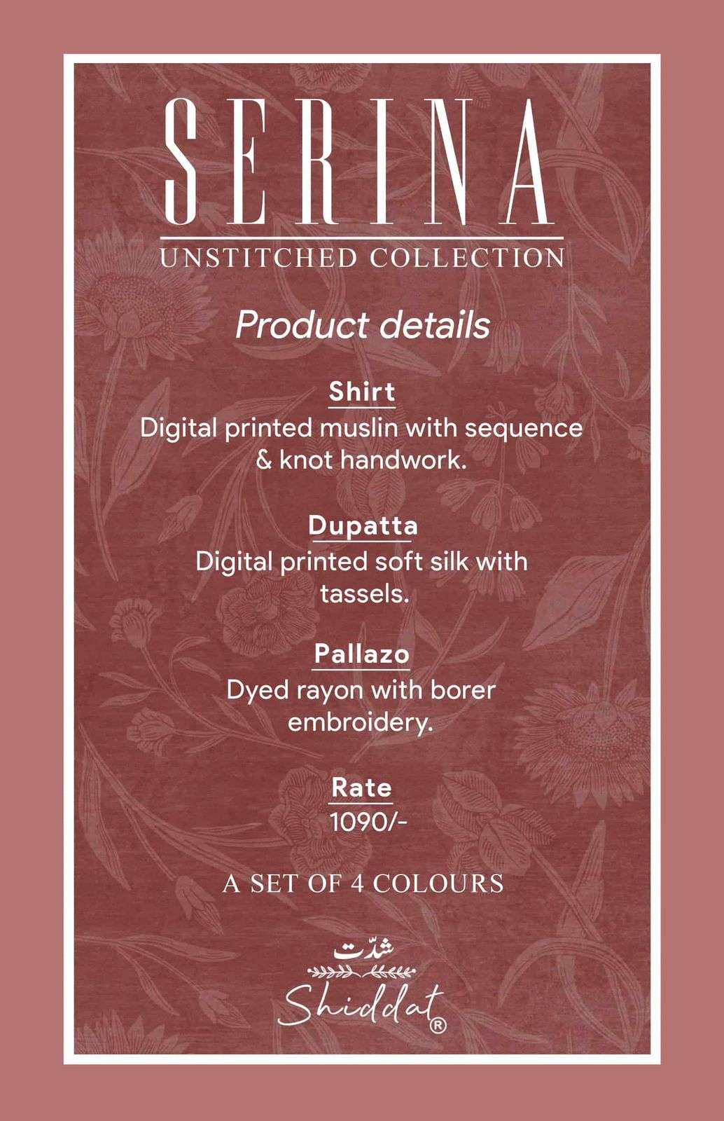 SHIDDAT SERINA 1001 MUSLIN DIGITAL PRINT WITH FANCY WORK SUIT