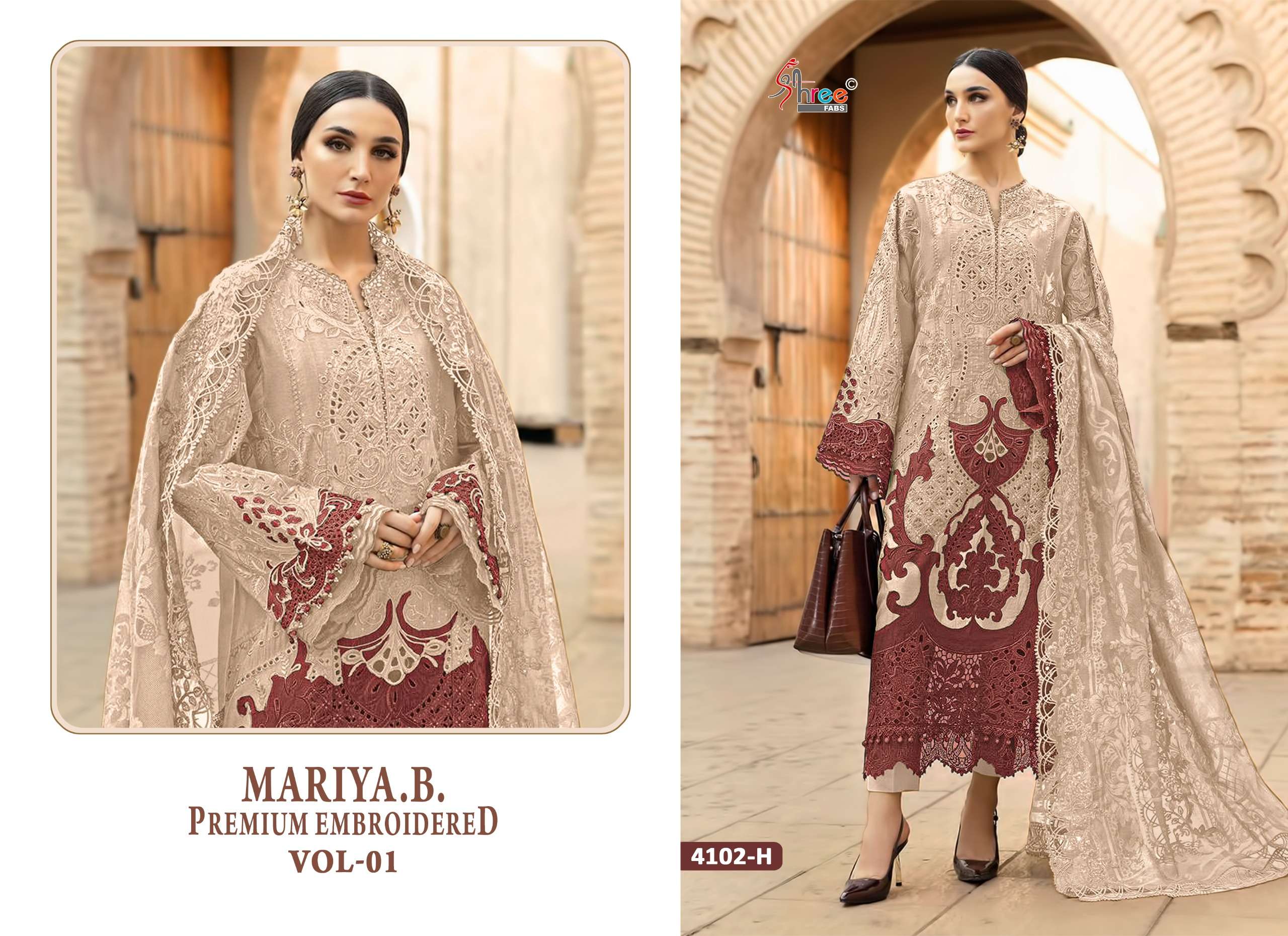 SHREE FABS MARIYA B PREMIUM EMBROIDERED VOL 1 FGHIJKLM COTTON EMBROIDERY DESIGNER WORK SUIT