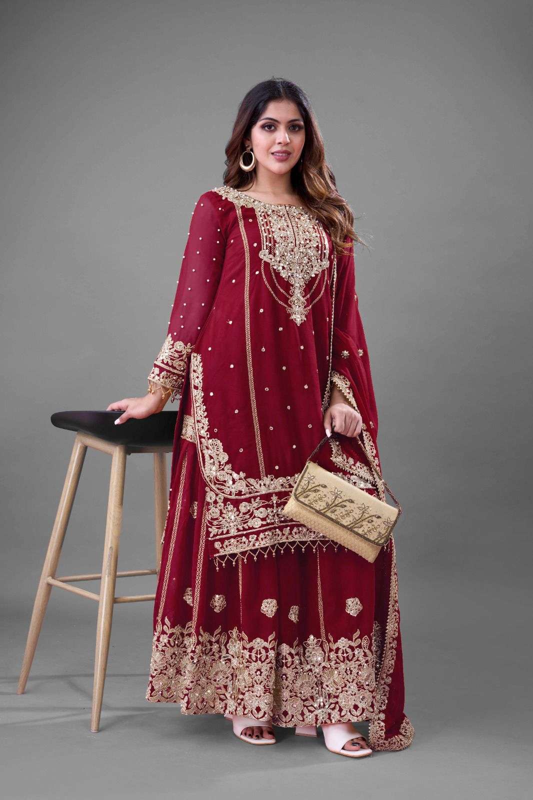 SR 1688 FOX GEORGETTE HEAVY EMBROIDERED DESIGNER FESTIVE WEAR LADIES SUIT