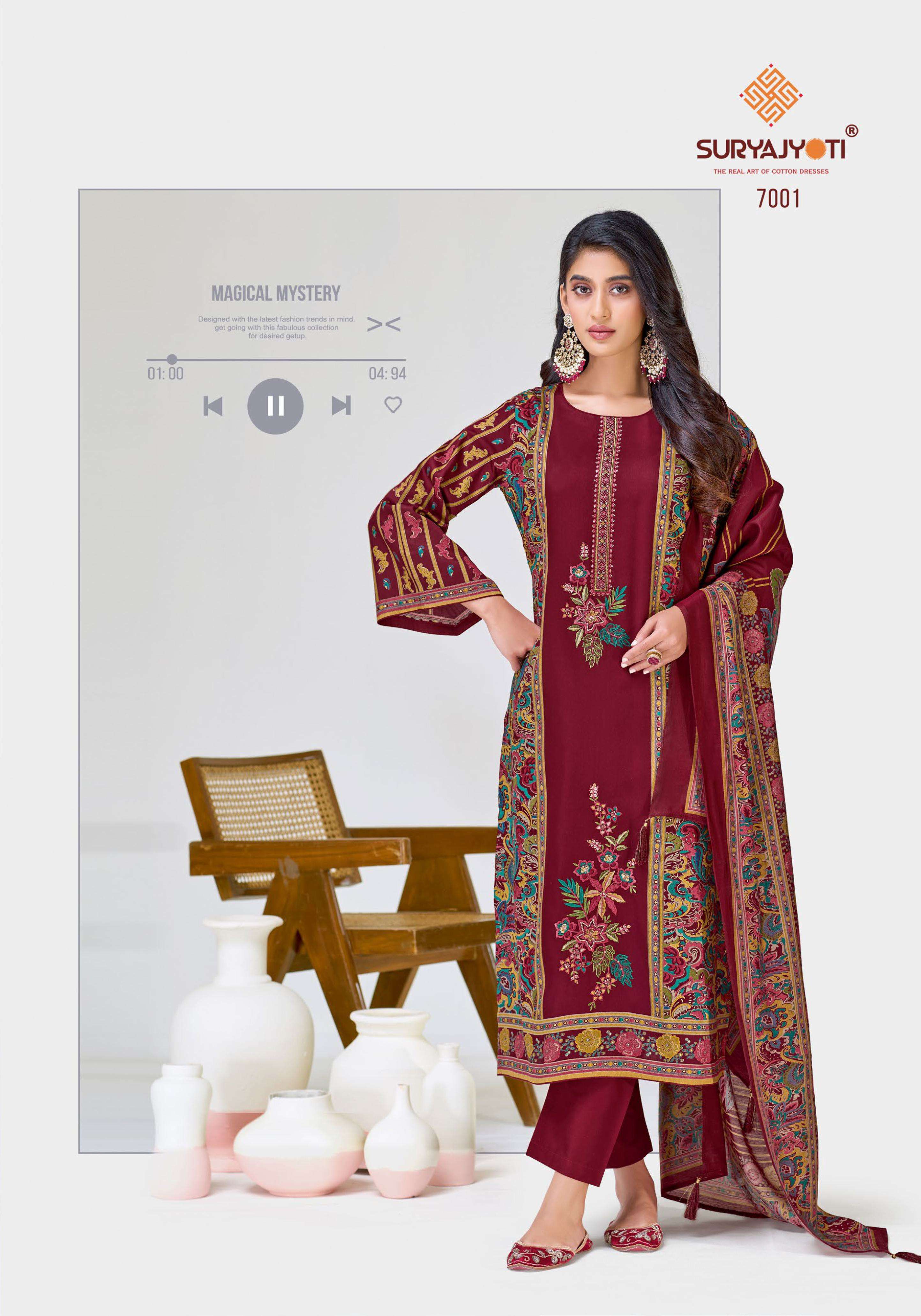 SURYAJYOTI KAAMINI VOL 7 JAM SATIN PRINT WITH EMBROIDERY WORK SUIT