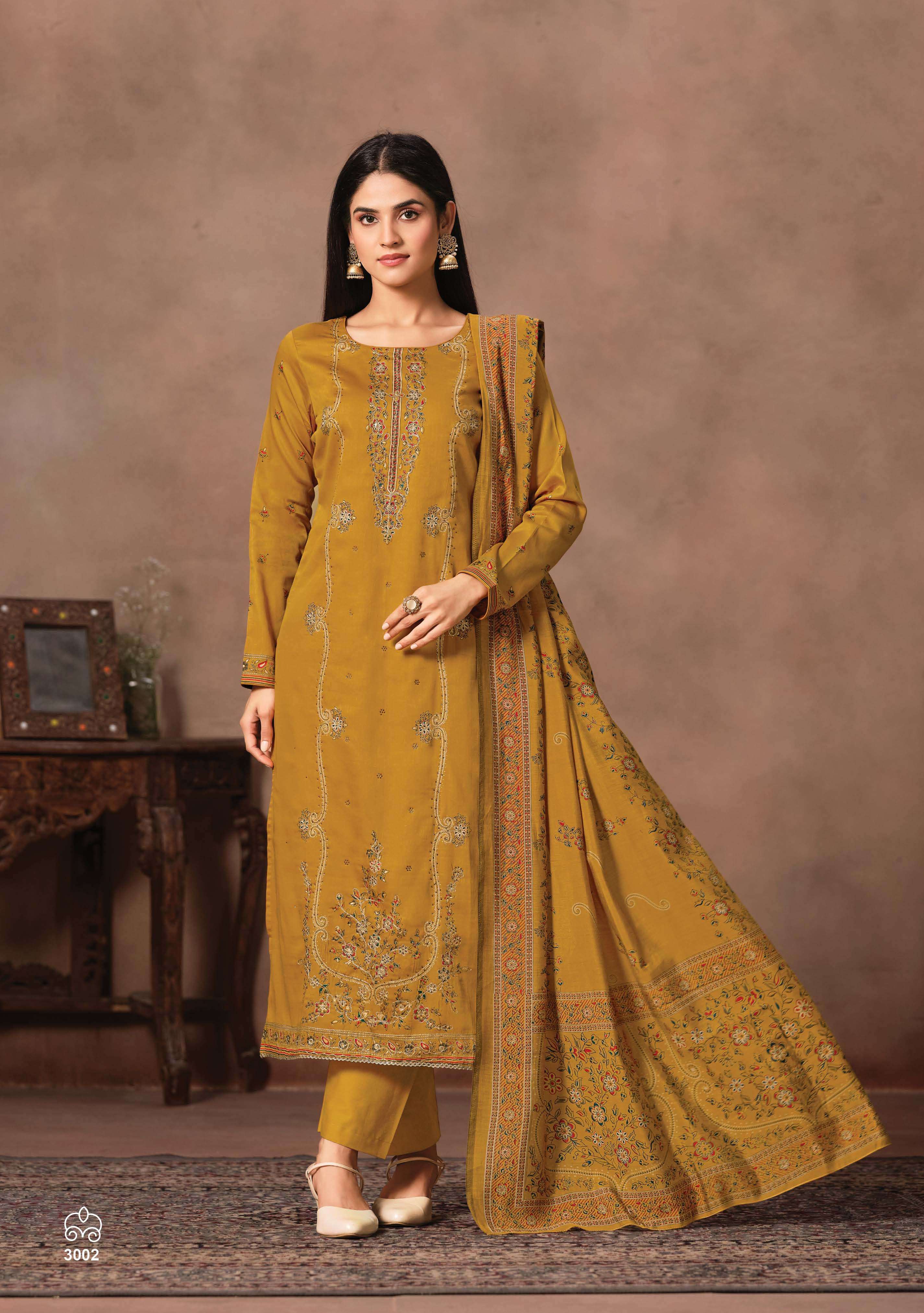 SURYAJYOTI KAMILA VOL 3 JAM SATIN PRINT WITH SWAROVSKI WORK SUIT