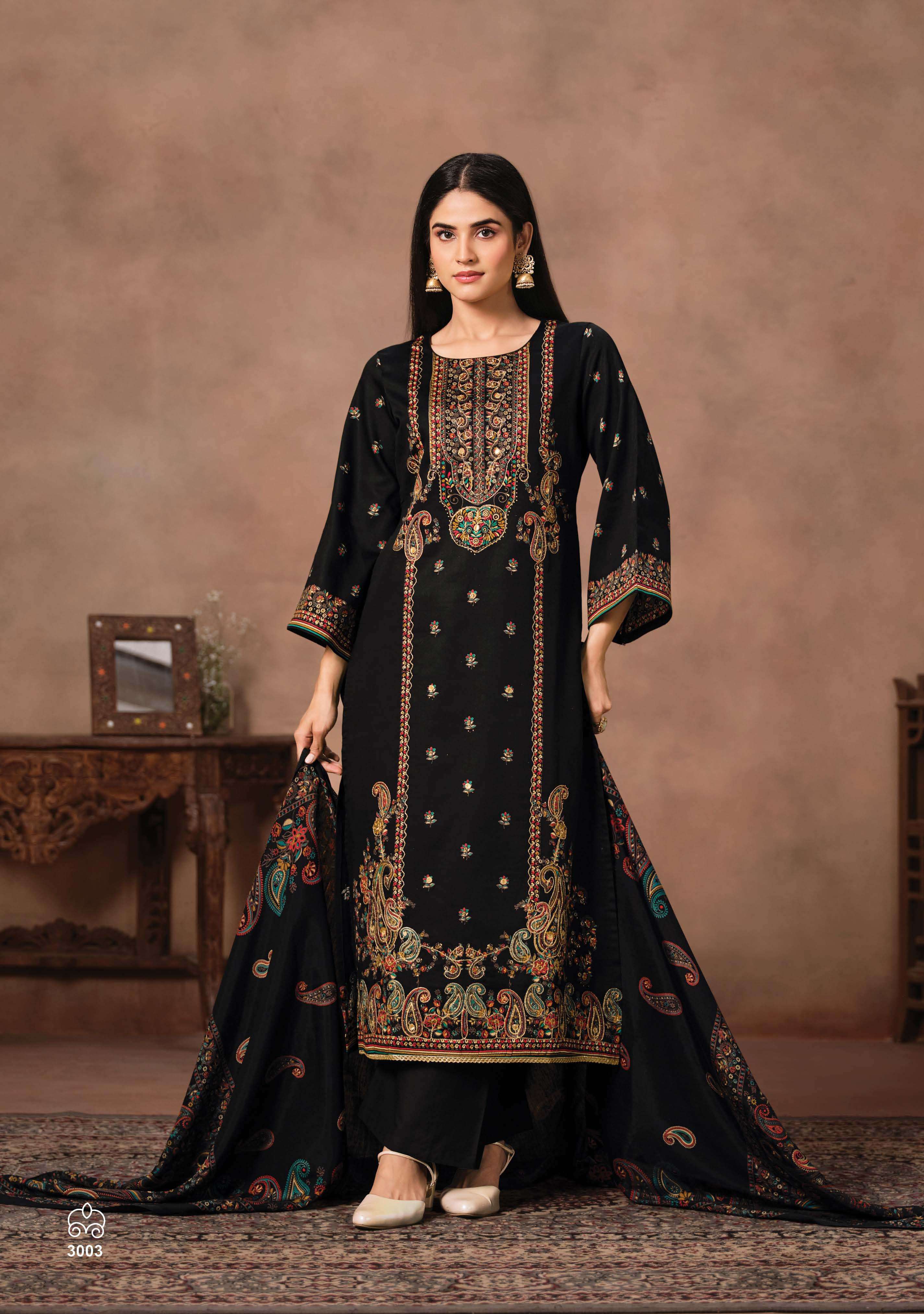 SURYAJYOTI KAMILA VOL 3 JAM SATIN PRINT WITH SWAROVSKI WORK SUIT